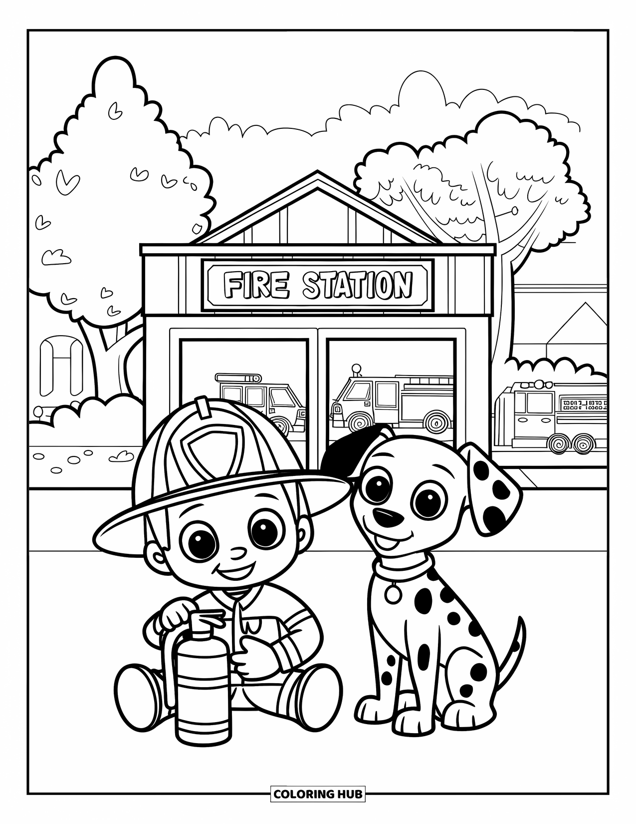 Fireman Coloring Page for Kids: A tiny firefighter and his spotted puppy sit proudly by the station