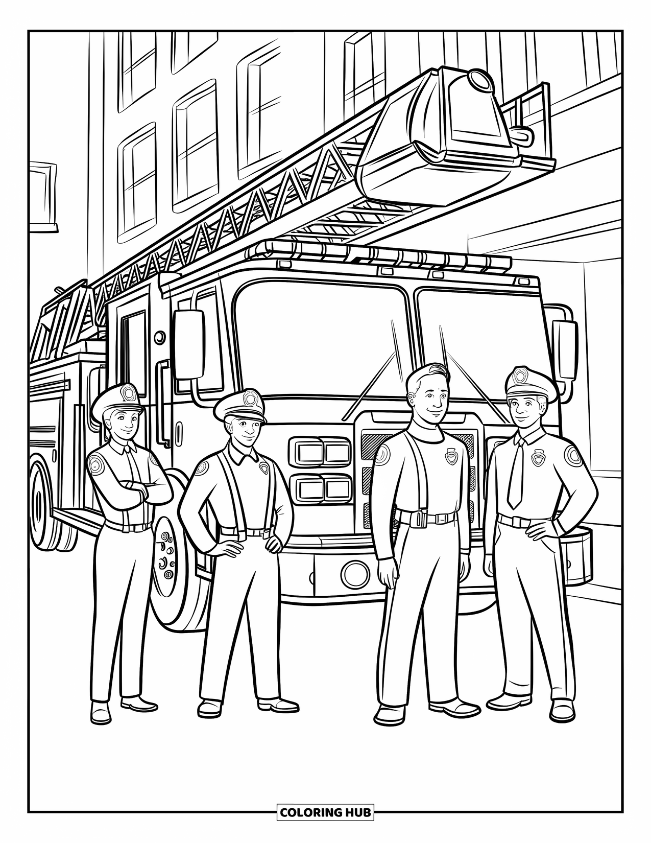 Fireman Coloring Page for Kids: Firefighters stand ready beside their fire truck on a quiet street