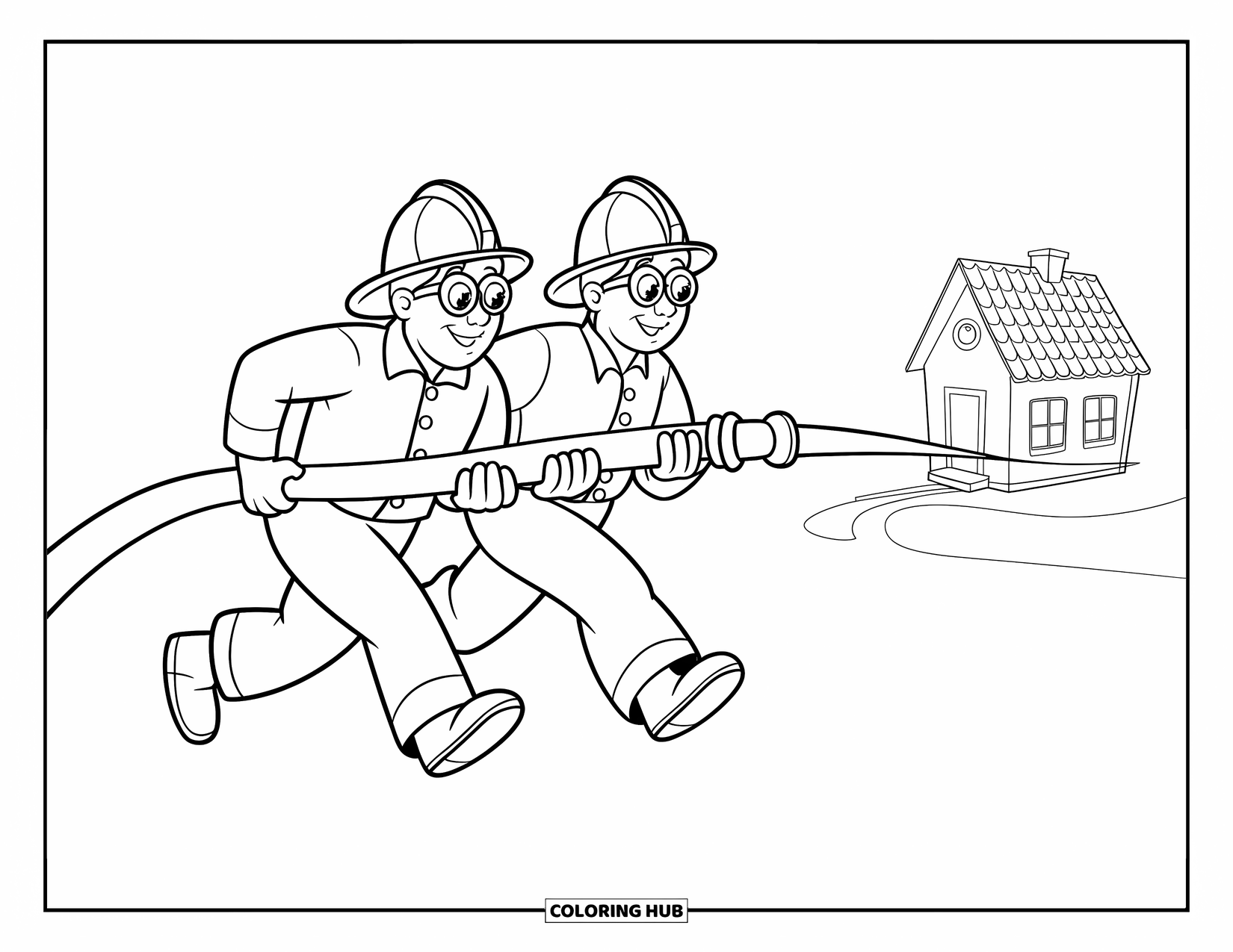 Fireman Coloring Page for Kids: Two firefighters hurry to the scene holding a coiled hose