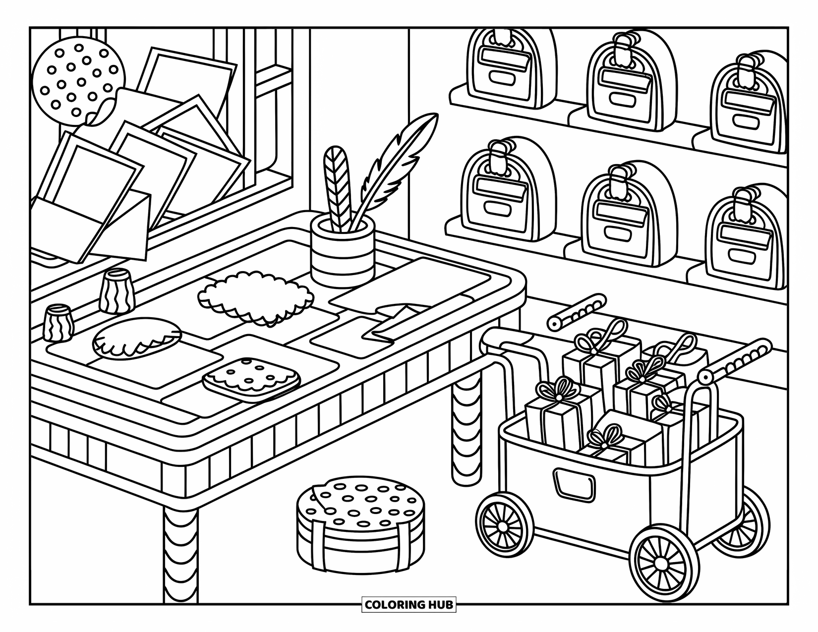 Gingerbread Christmas Coloring Page for Adults: A cheerful gingerbread mailroom with cookie mailboxes and sugary holiday packages