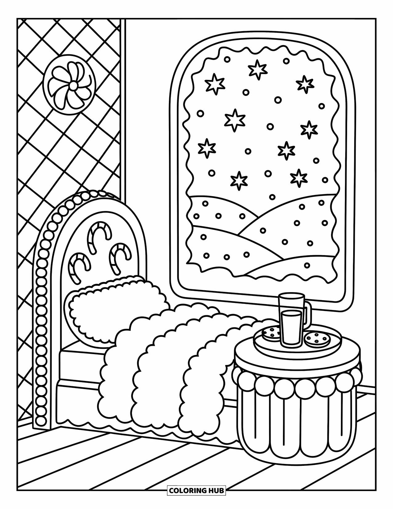 Gingerbread Christmas Coloring Page for Adults: A cozy cookie bedroom with a marshmallow bed and snowy window view
