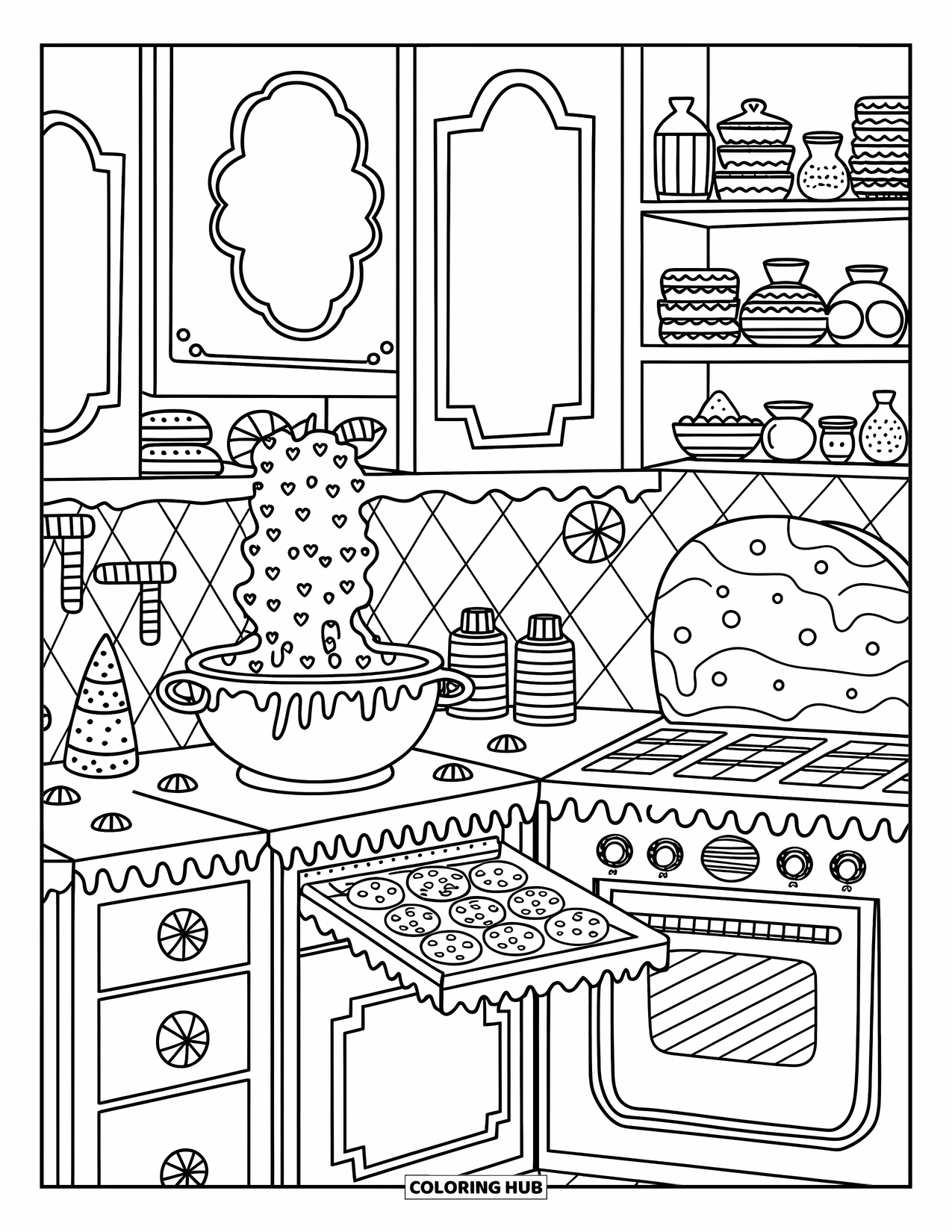 Gingerbread Christmas Coloring Page for Adults: A cute baking scene with cookie trays, icing bowls, and a gumdrop oven