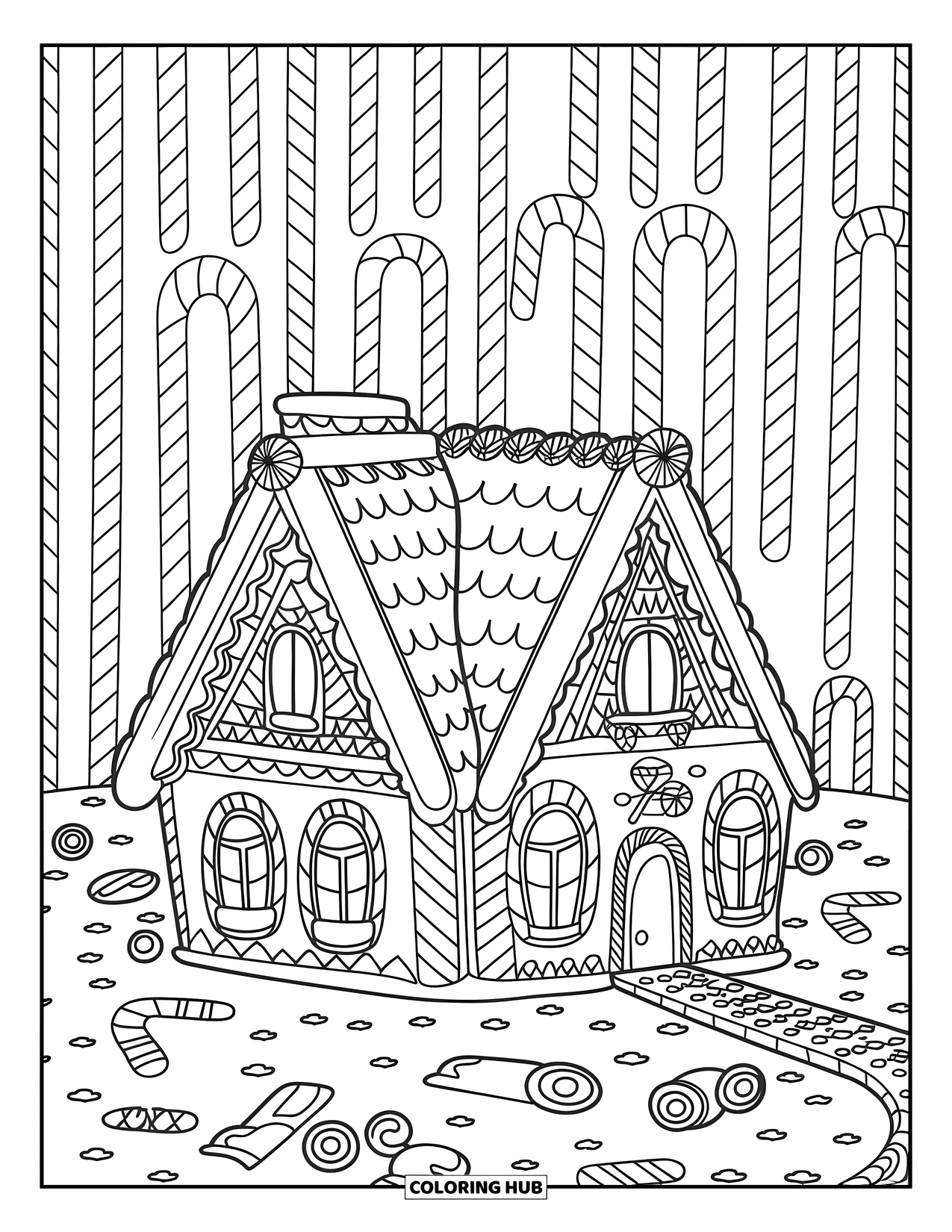 Gingerbread Christmas Coloring Page for Adults: A gingerbread house surrounded by sweets and candy canes in a forest