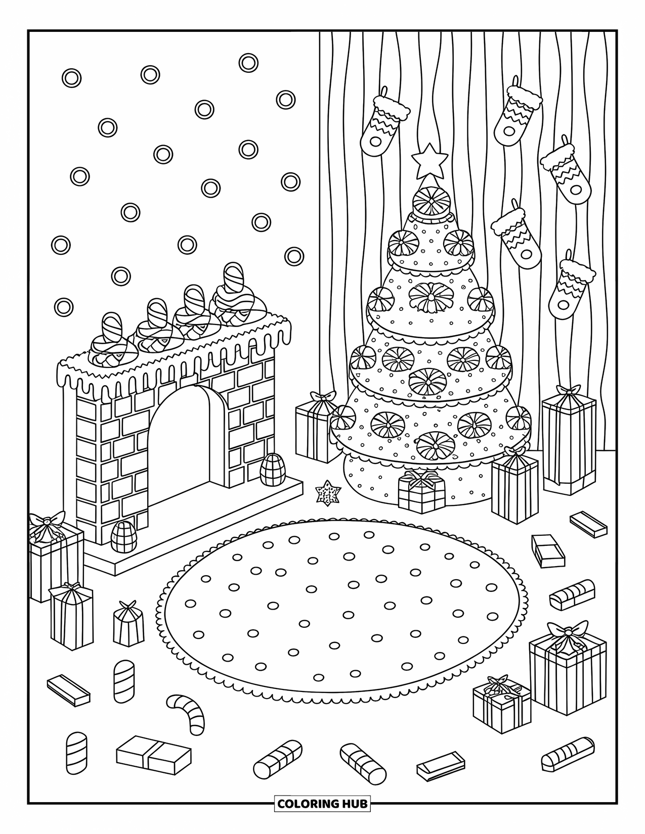 Gingerbread Christmas Coloring Page for Adults: A gingerbread living room with a candy fireplace and cookie Christmas tree