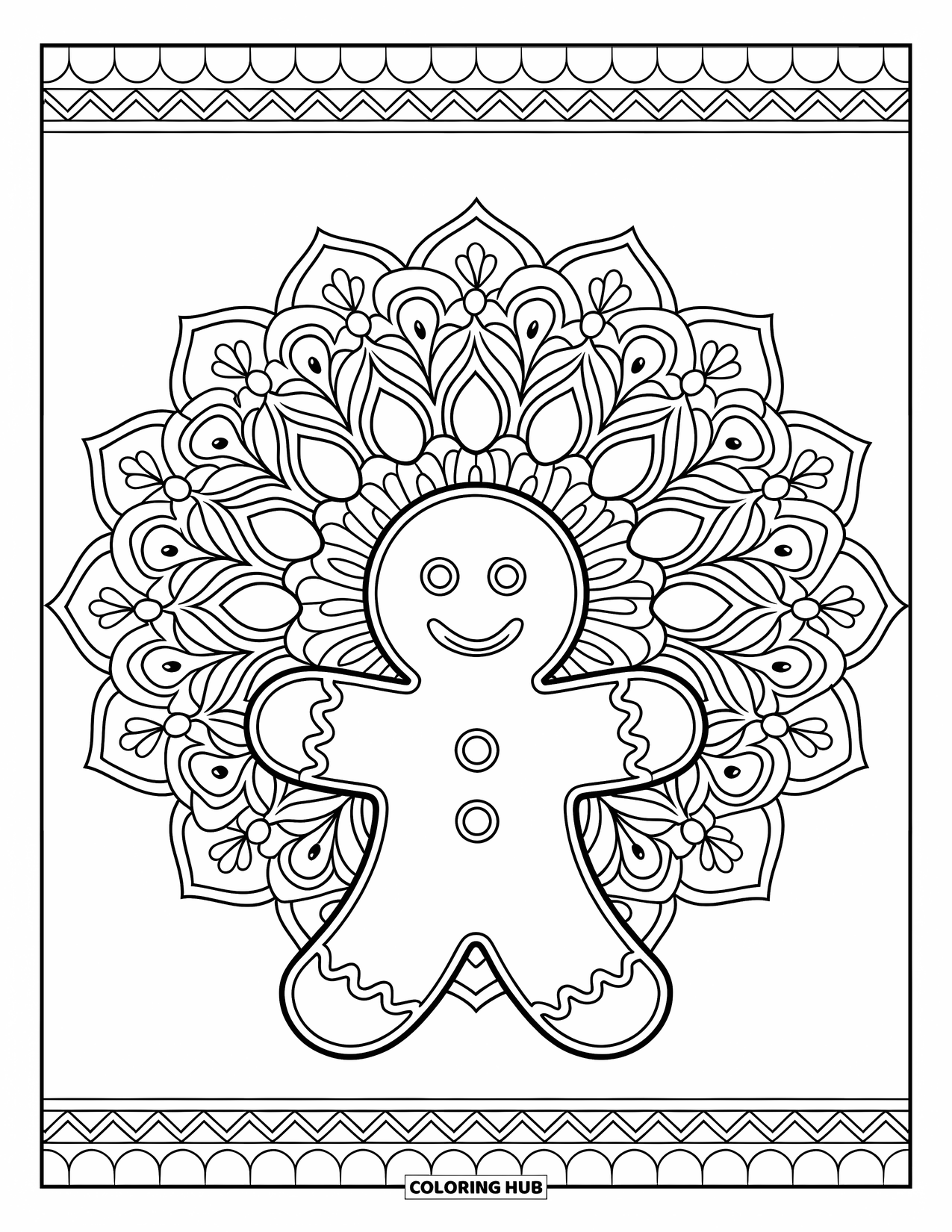 Gingerbread Christmas Coloring Page for Adults: A gingerbread man standing before a detailed floral mandala background