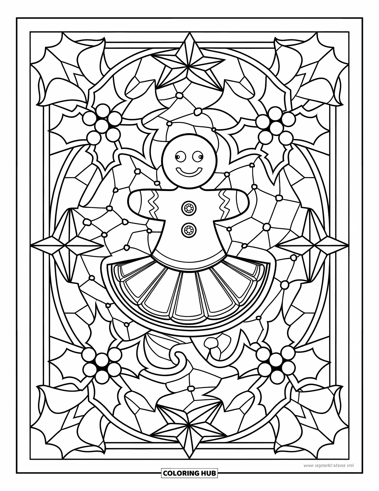 Gingerbread Christmas Coloring Page for Adults: A gingerbread woman framed in a stained-glass pattern of holly and stars