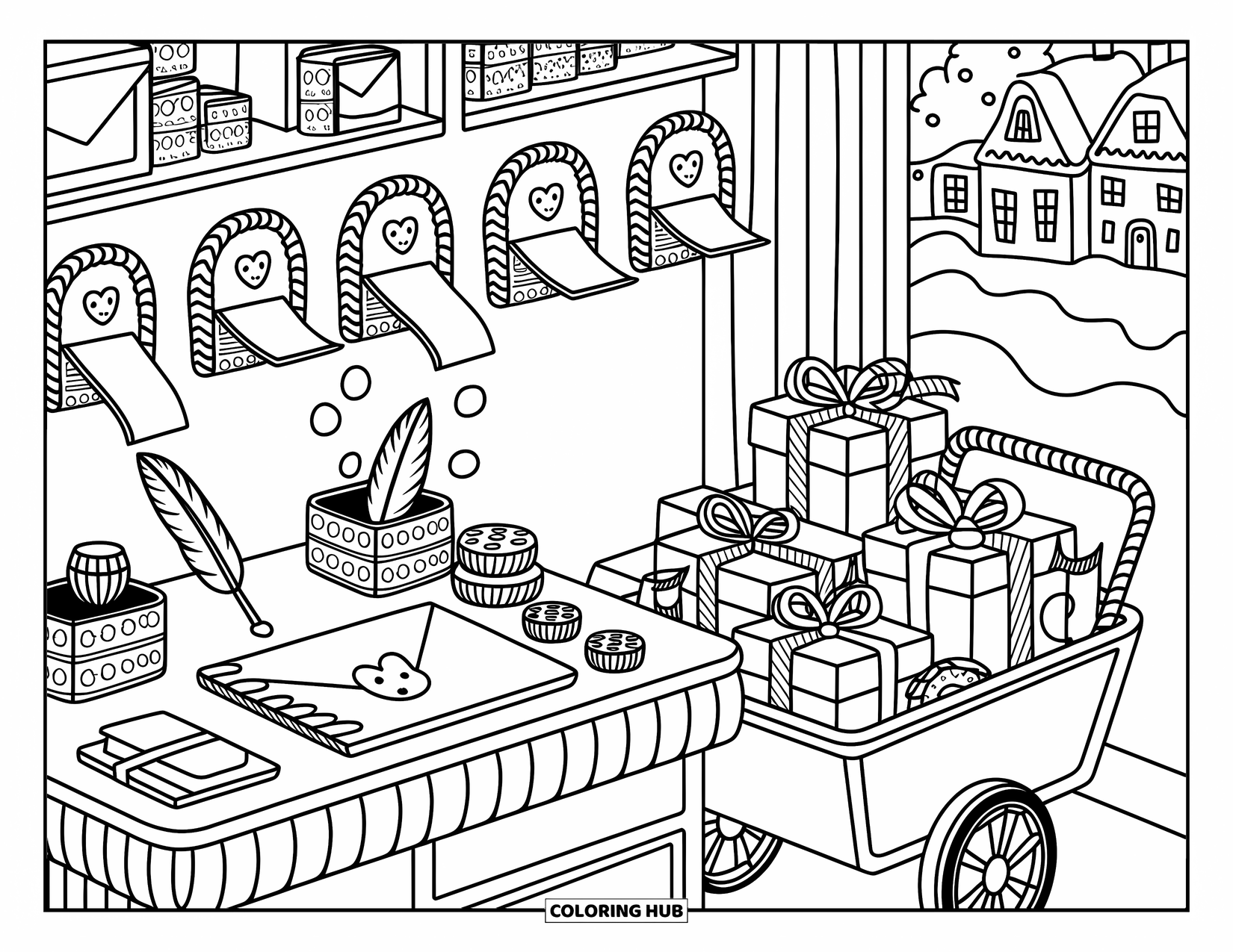 Gingerbread Christmas Coloring Page for Adults: A tiny gingerbread mailroom filled with cookie letters, candy stamps, and sweet parcels