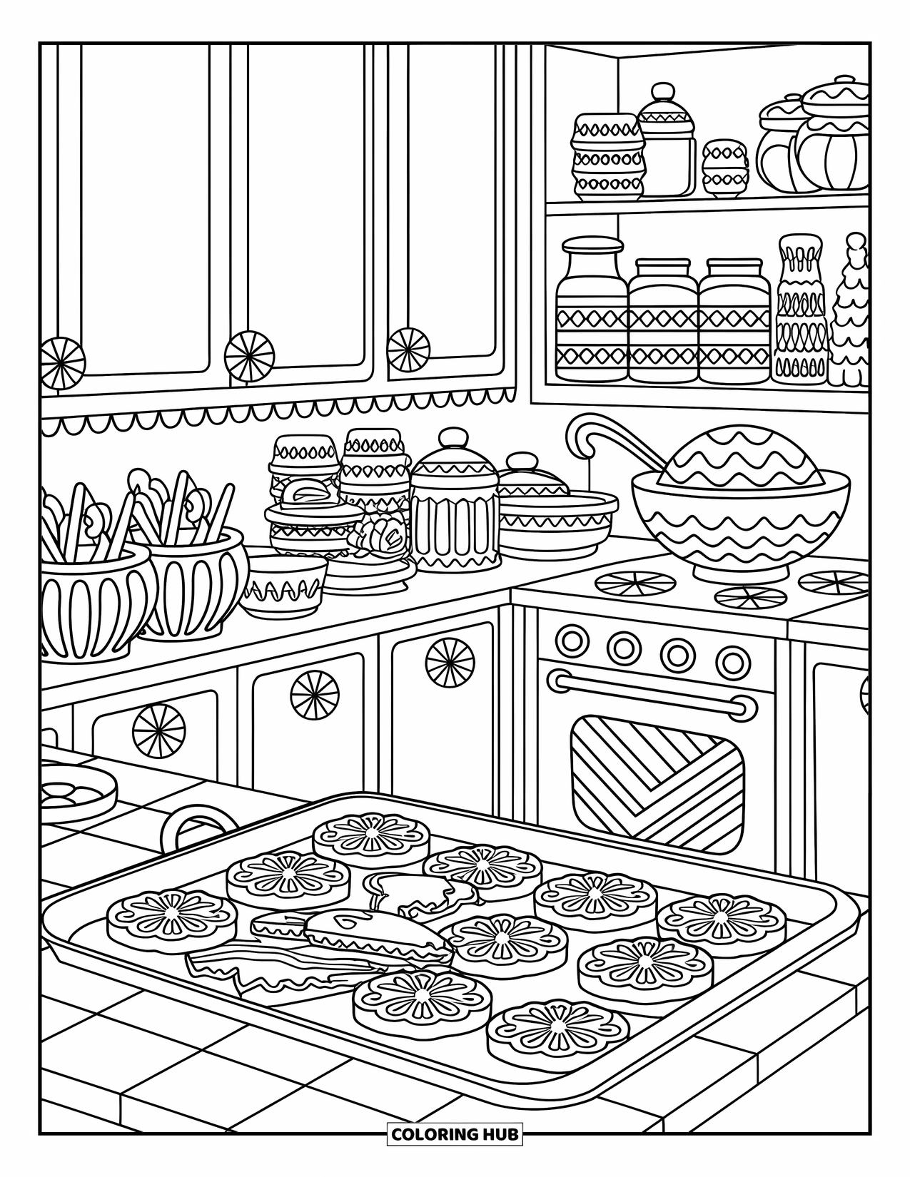 Gingerbread Christmas Coloring Page for Adults: A warm gingerbread kitchen filled with frosting, cookie cutters, and sweet treats