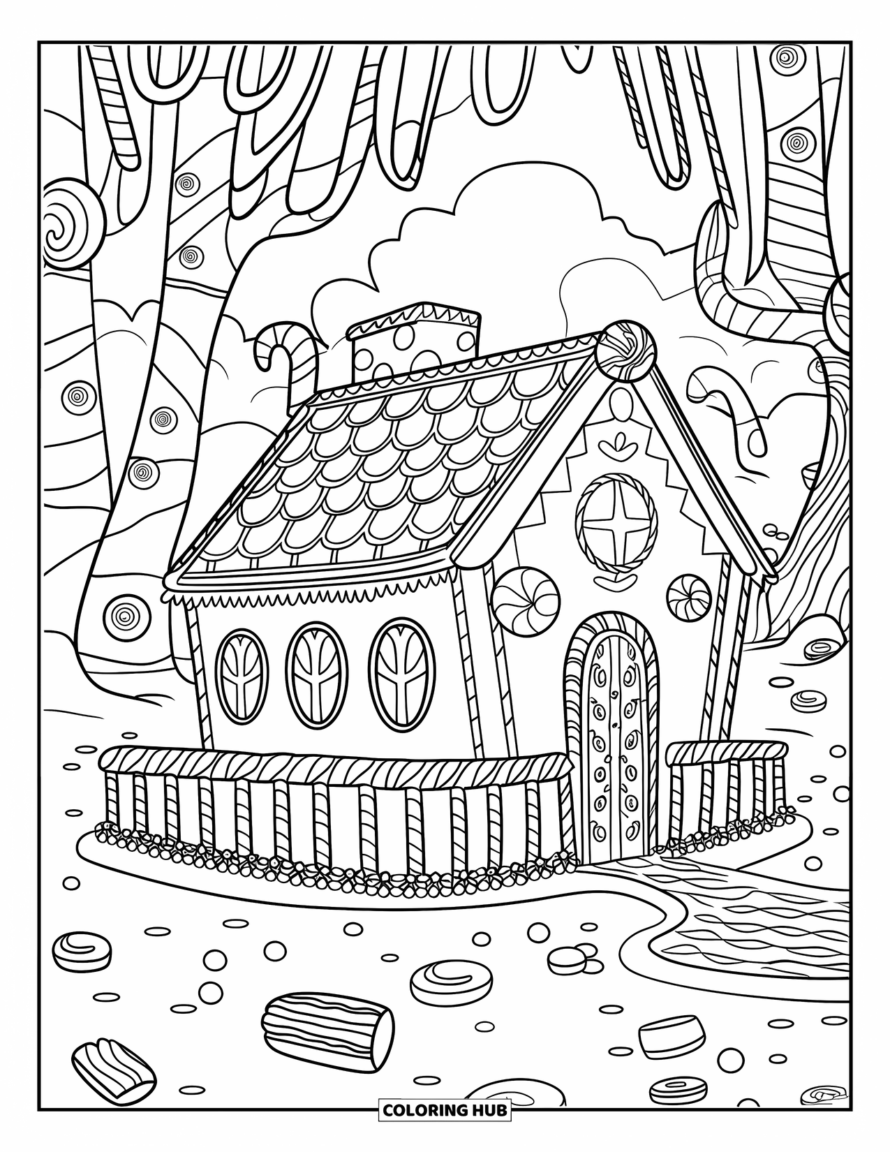 Gingerbread Christmas Coloring Page for Kids: A candy-covered gingerbread house rests among lollipop trees
