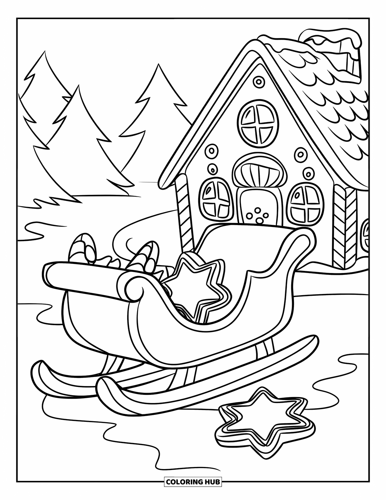 Gingerbread Christmas Coloring Page for Kids: A cheerful gingerbread sleigh loaded with cookies and candy canes