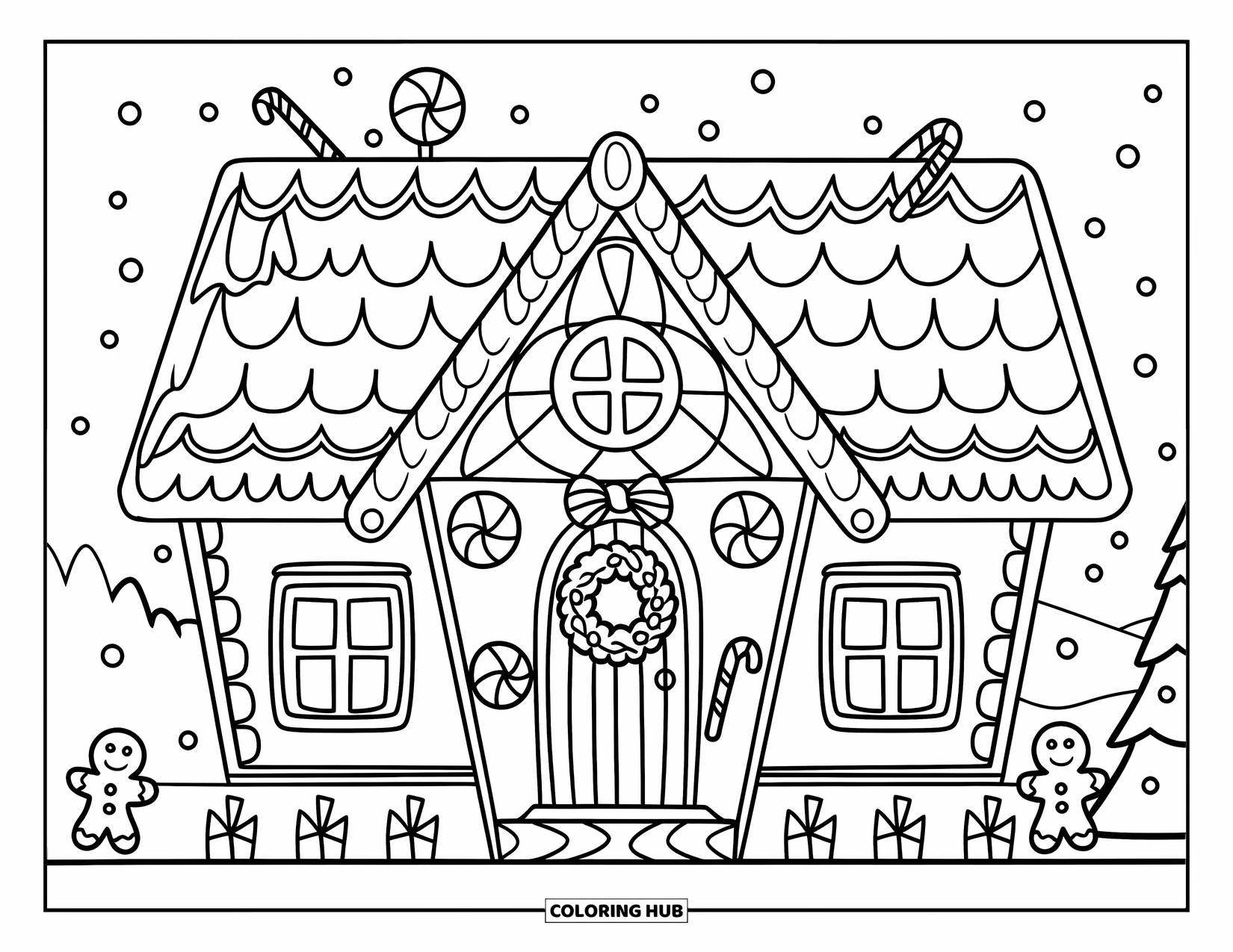 Gingerbread Christmas Coloring Page for Kids: A cozy gingerbread cottage with candy canes and two smiling cookies