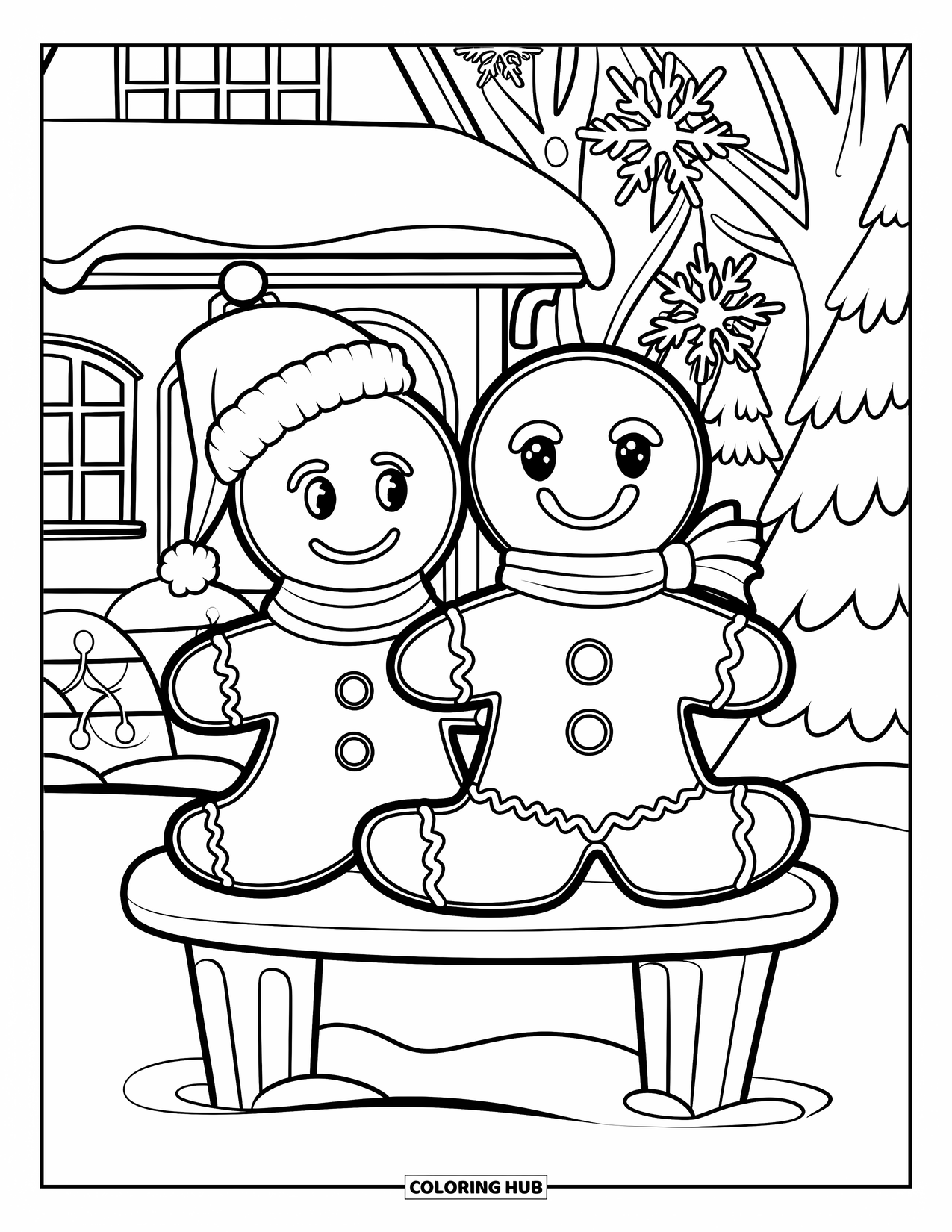 Gingerbread Christmas Coloring Page for Kids: A cozy gingerbread couple watches snowfall beside a snowy cottage