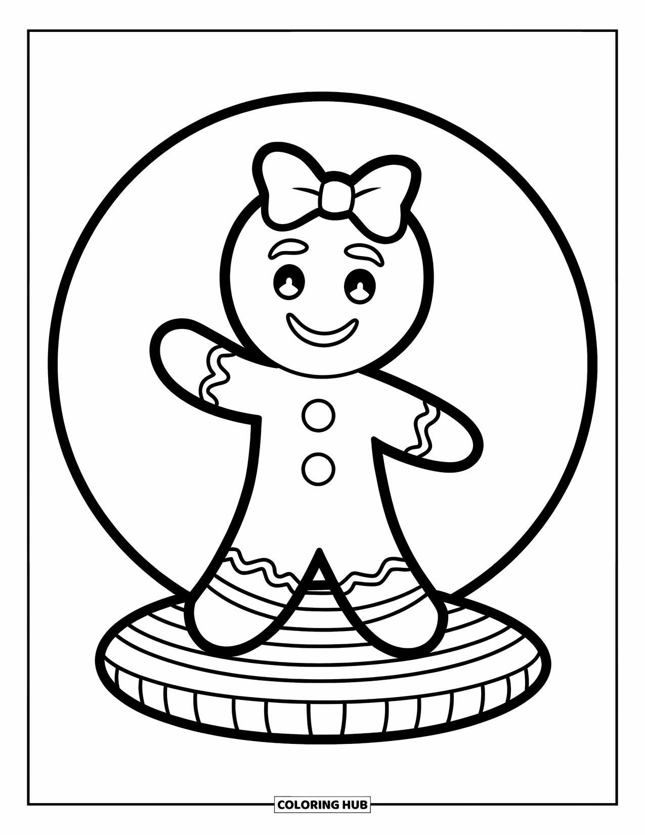 Gingerbread Christmas Coloring Page for Kids: A cute cookie woman waves while standing on a round platter