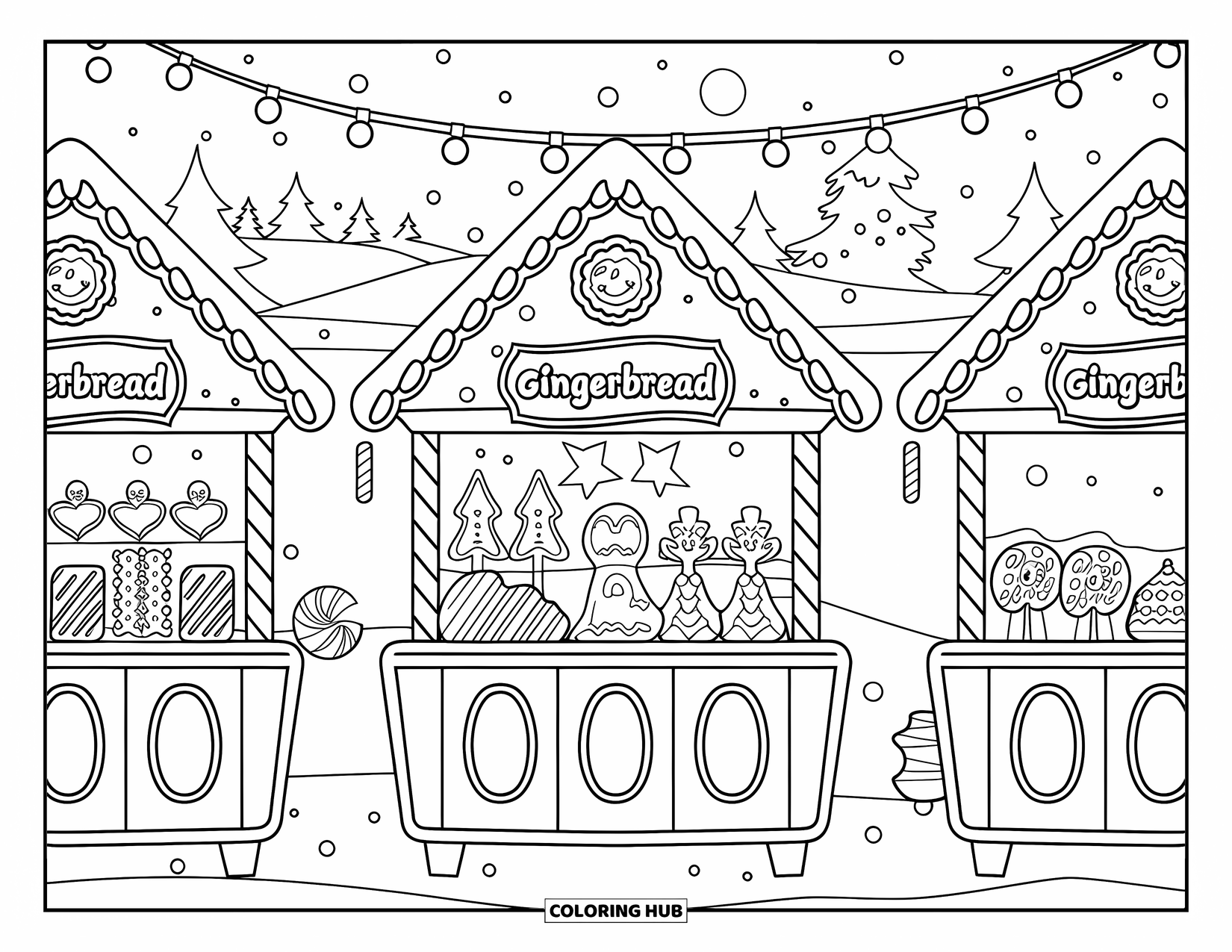 Gingerbread Christmas Coloring Page for Kids: A festive gingerbread market with candy canes, lollipops, and Christmas trees