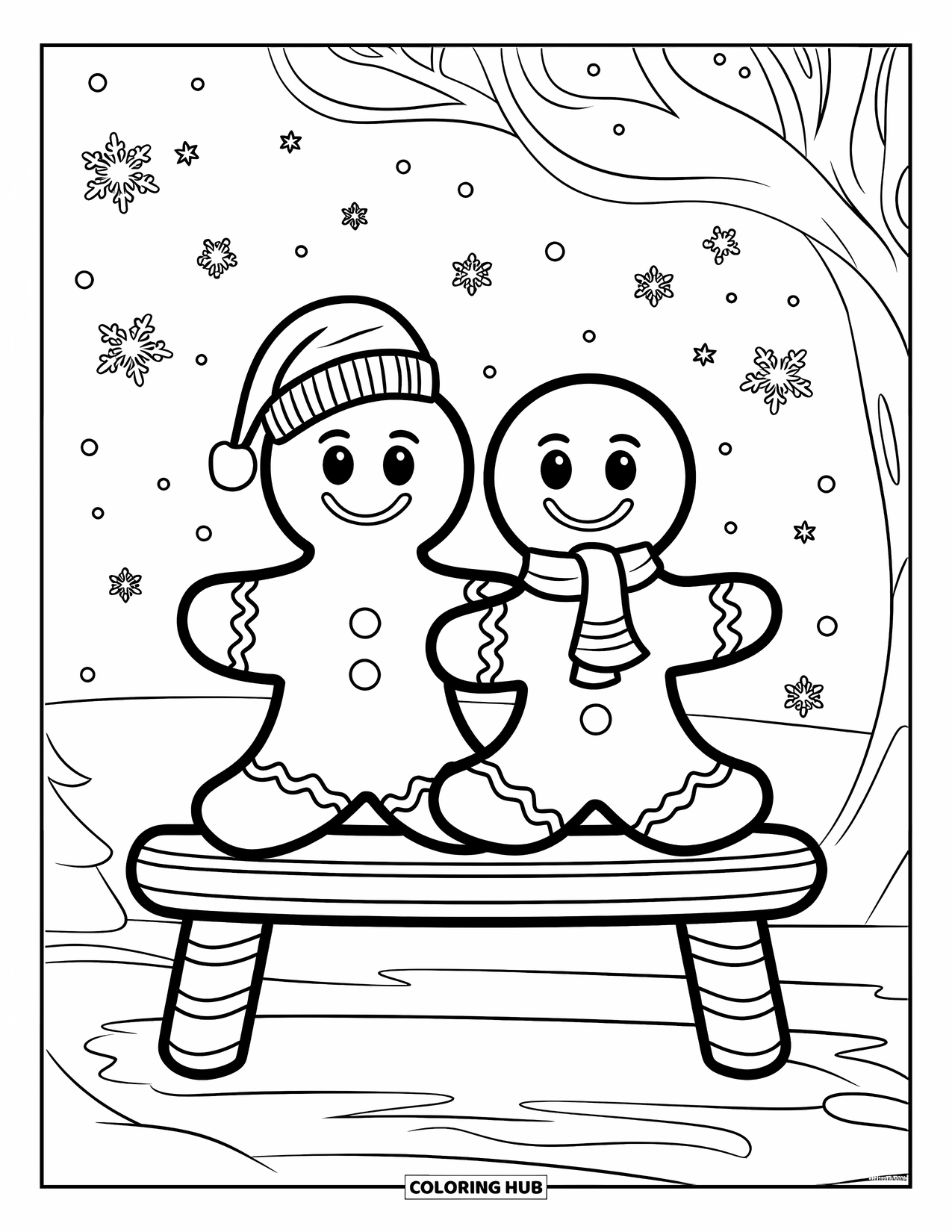 Gingerbread Christmas Coloring Page for Kids: A gingerbread couple sits on a gumdrop bench watching snowflakes fall