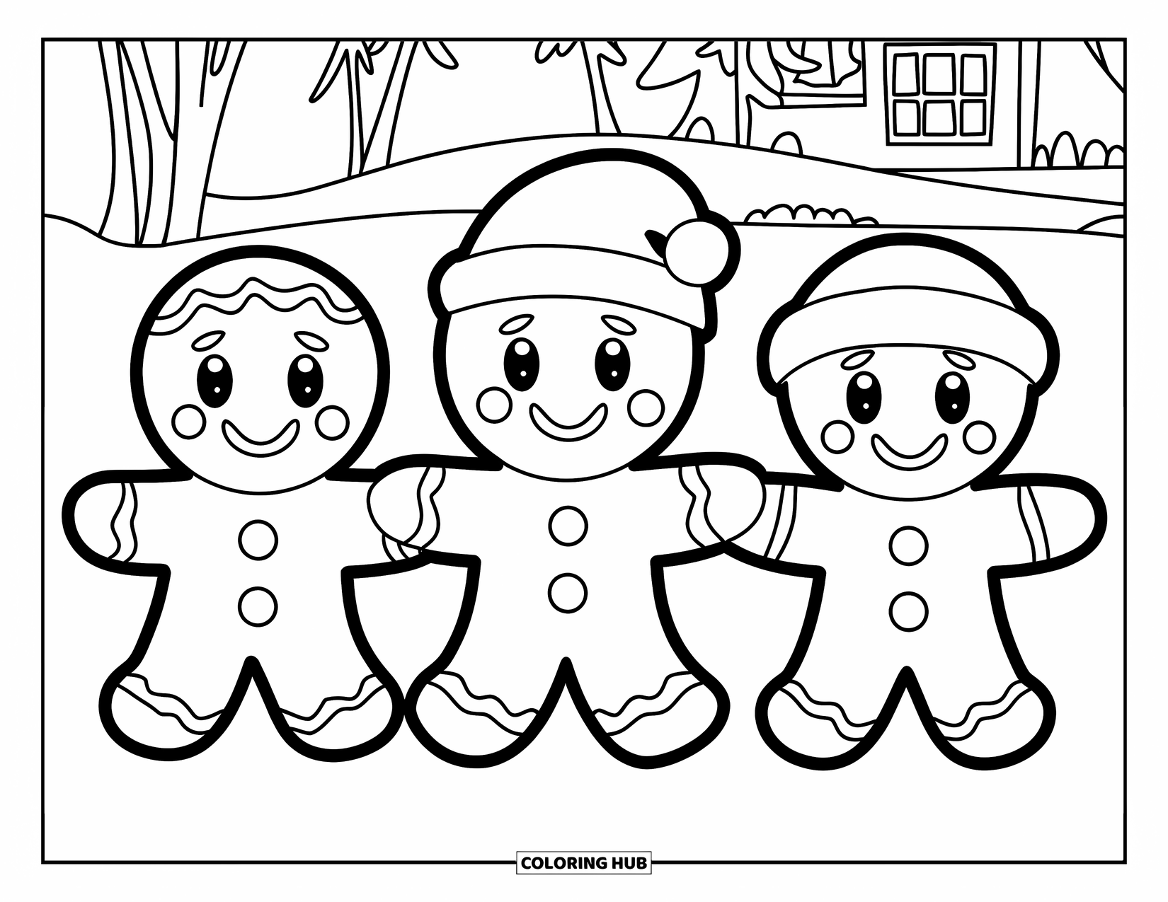 Gingerbread Christmas Coloring Page for Kids: A gingerbread family of three holding hands in the snow