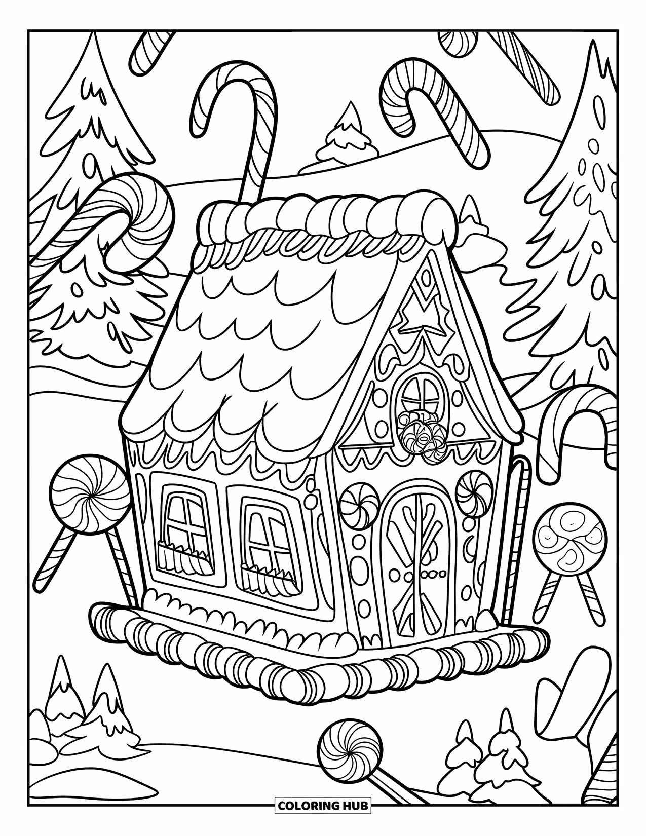 Gingerbread Christmas Coloring Page for Kids: A gingerbread home built on candy canes and frosting snow
