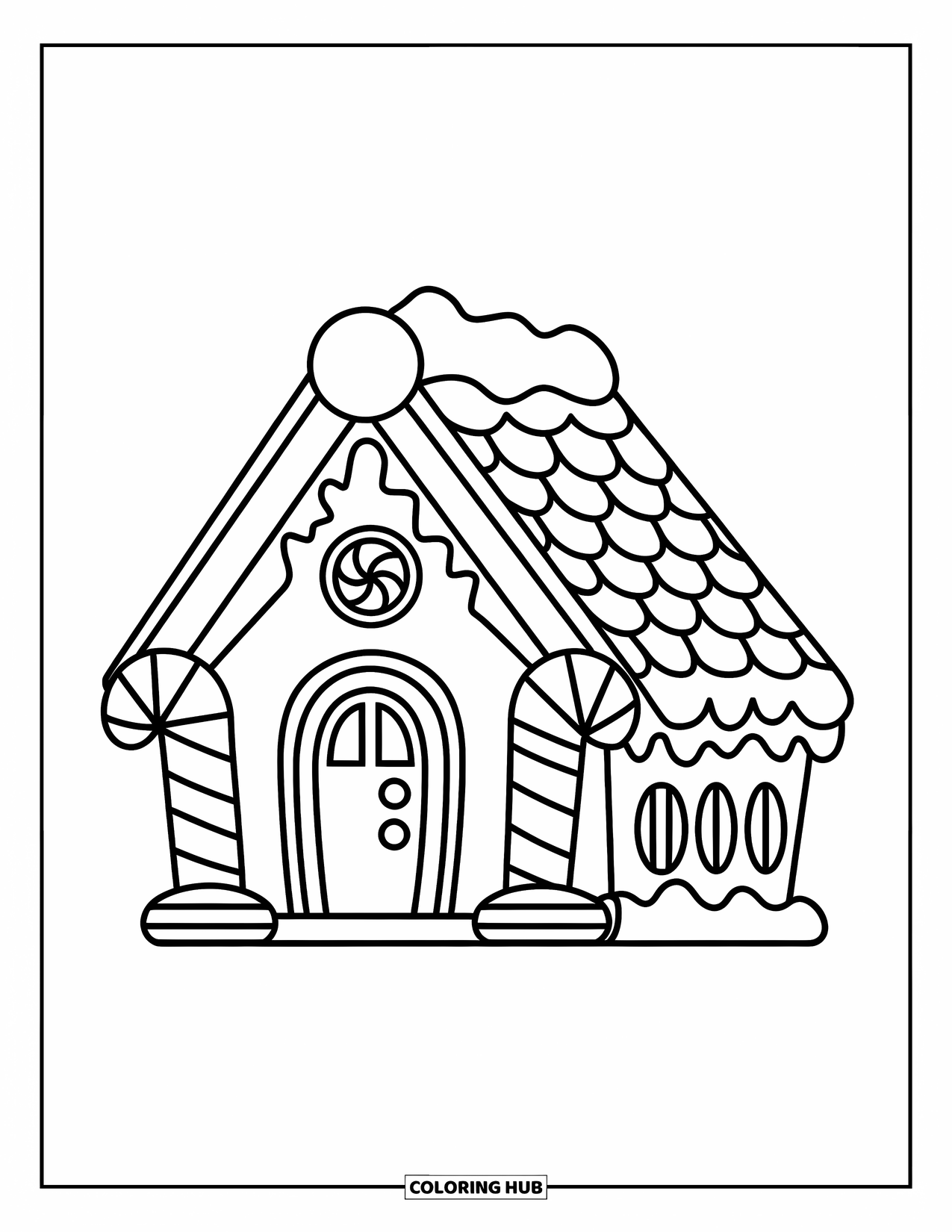 Gingerbread Christmas Coloring Page for Kids: A gingerbread house with candy cane pillars and gumdrop roof