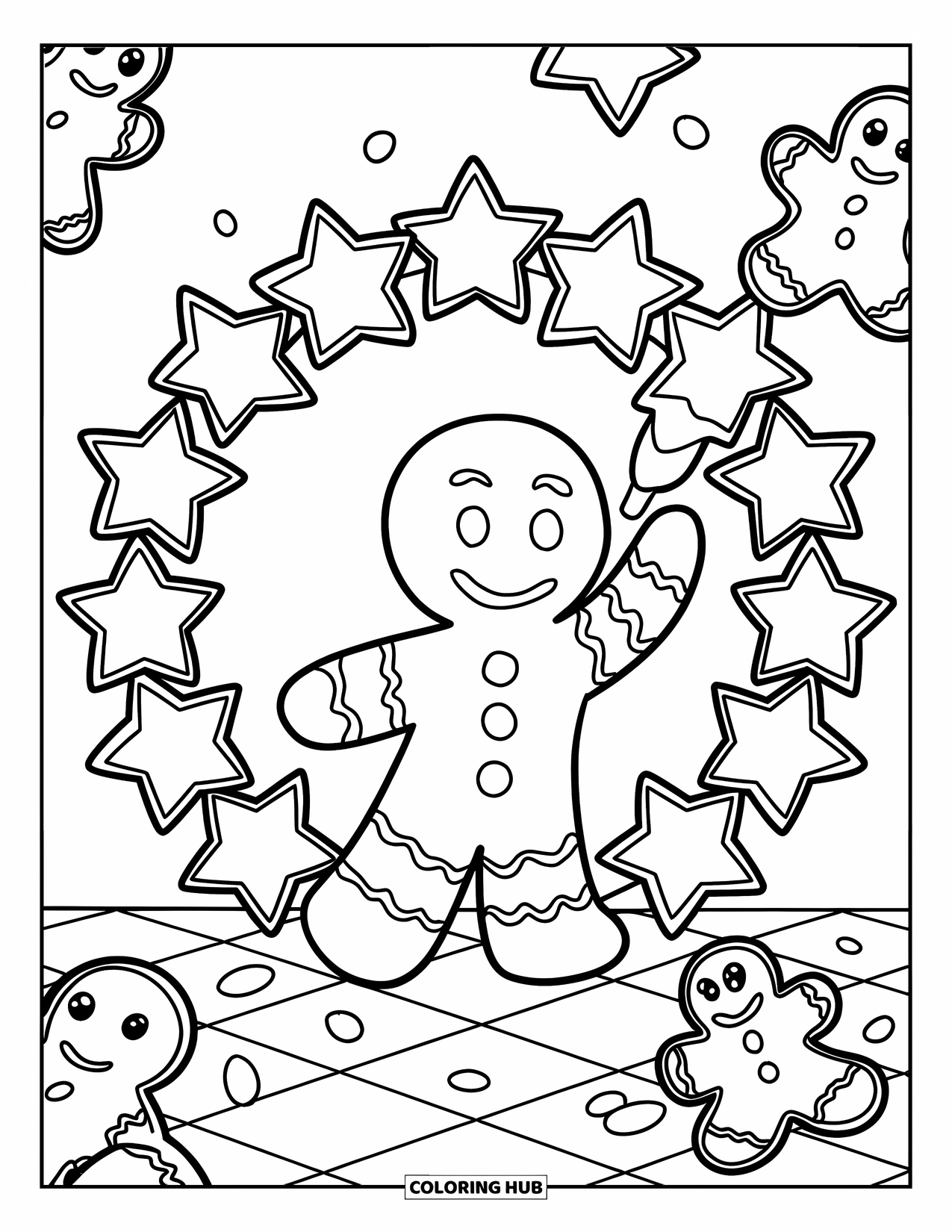 Gingerbread Christmas Coloring Page for Kids: A gingerbread man decorates a wreath surrounded by star cookies