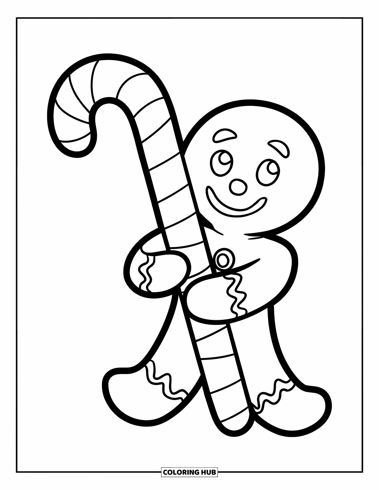 Gingerbread Christmas Coloring Page for Kids: A gingerbread man holding a giant candy cane and smiling proudly