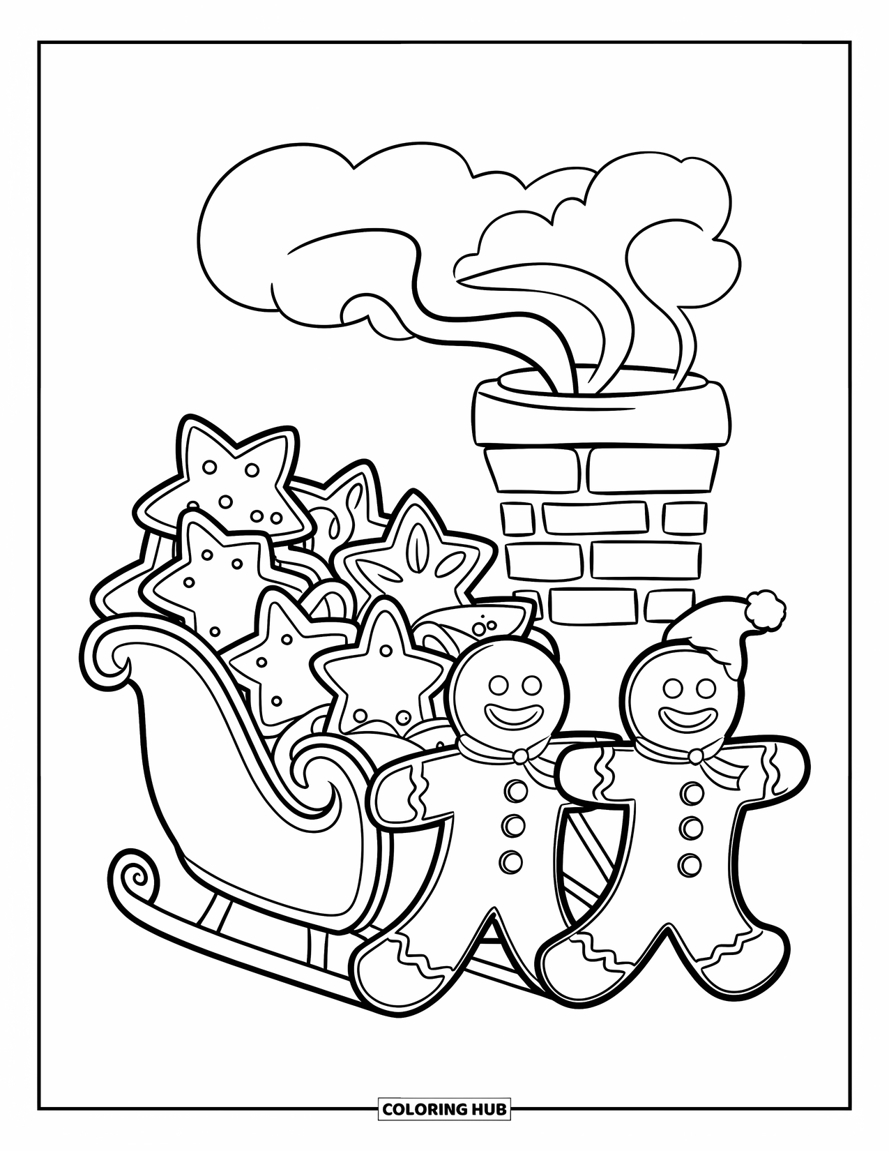 Gingerbread Christmas Coloring Page for Kids: A gingerbread sleigh with star cookies passing a chimney's smoke