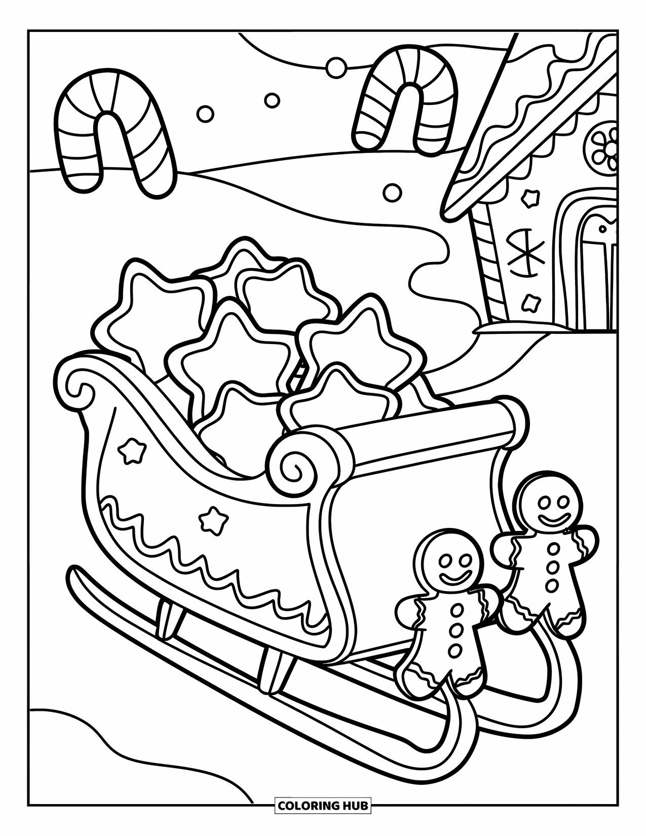 Gingerbread Christmas Coloring Page for Kids: A gingerbread sleigh with star cookies pulled by cookie reindeer