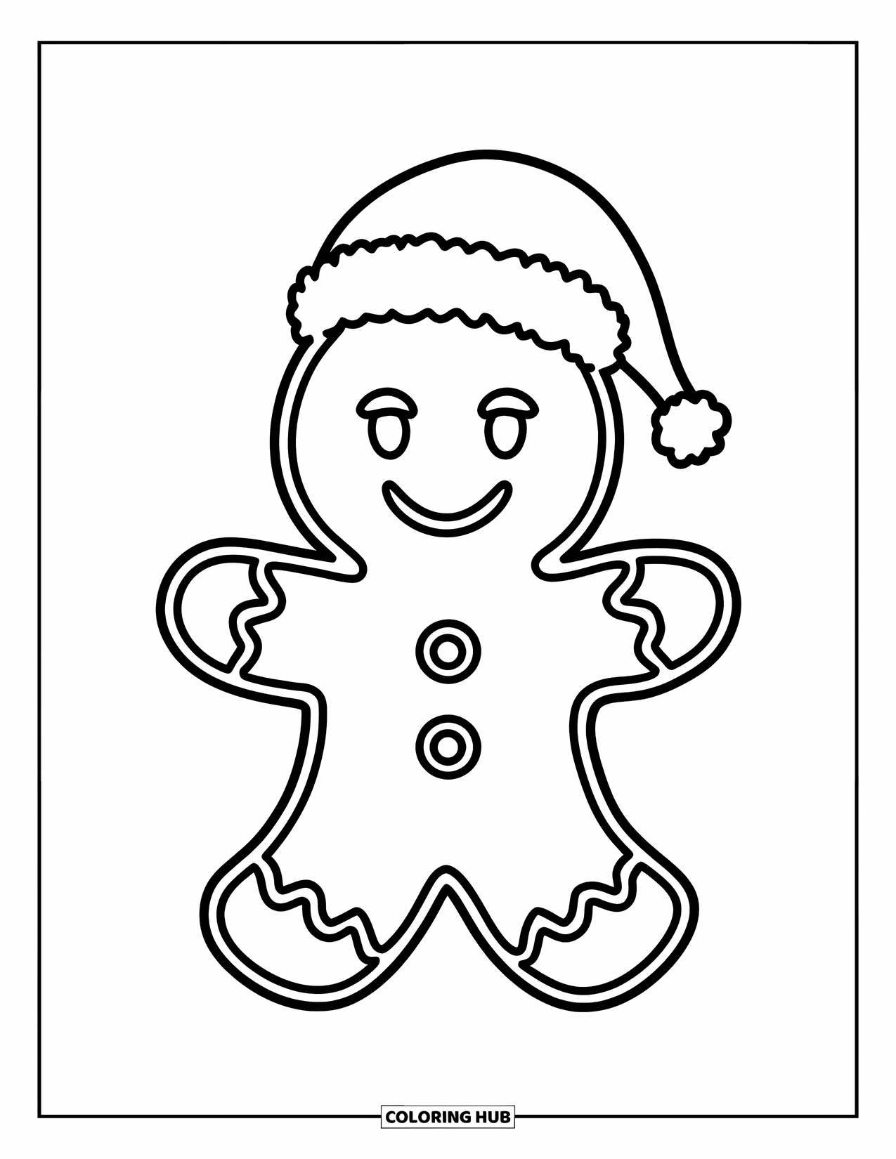 Gingerbread Christmas Coloring Page for Kids: A single gingerbread man wearing a Santa hat and smiling