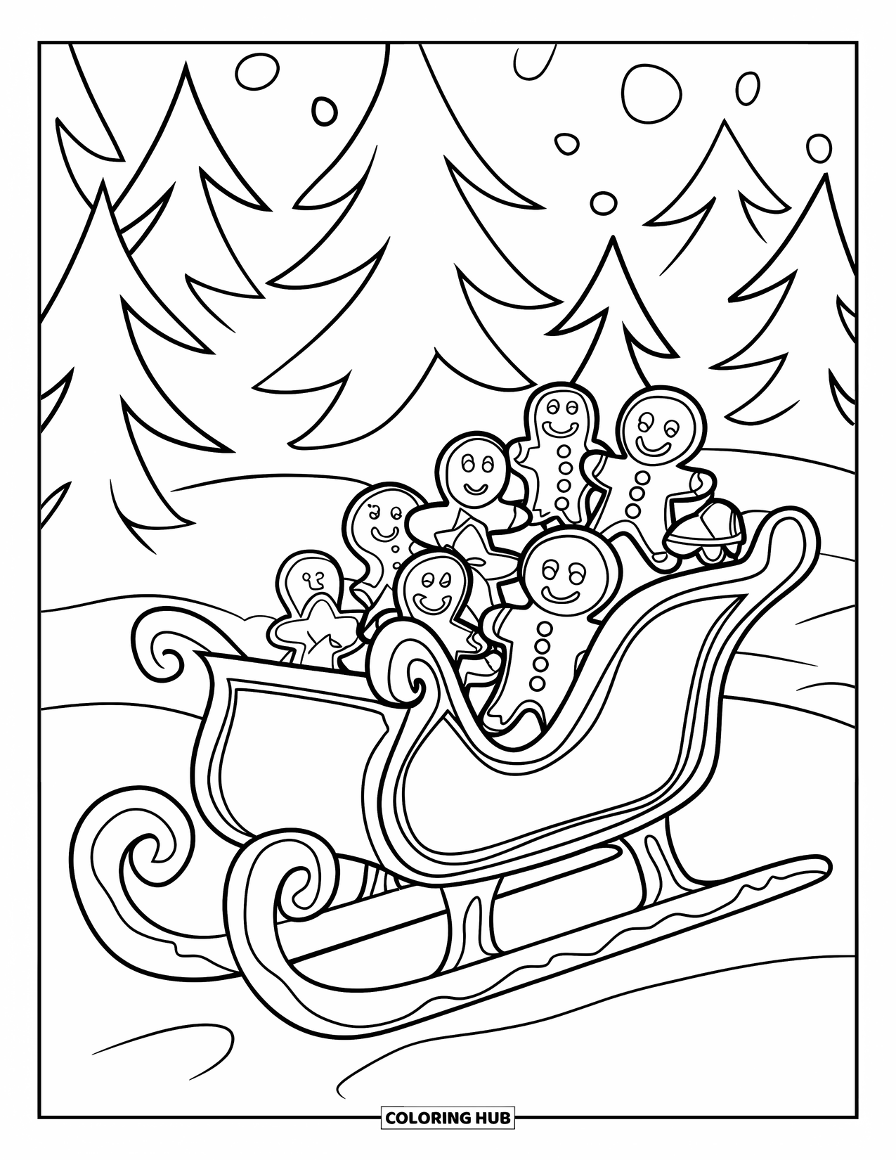 Gingerbread Christmas Coloring Page for Kids: A sleigh packed with cookies pulled by gingerbread men