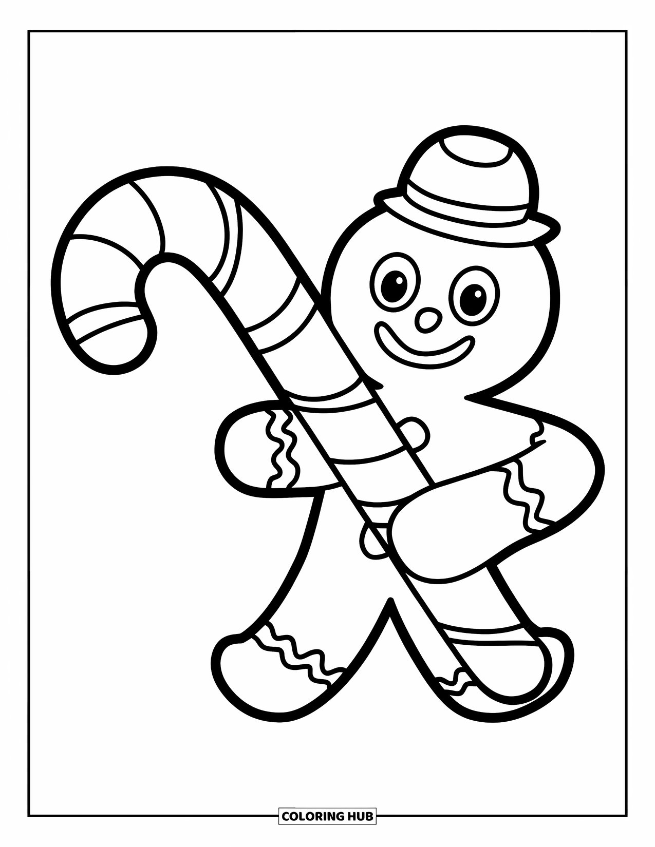 Gingerbread Christmas Coloring Page for Kids: A smiling gingerbread cookie proudly carries a giant candy cane