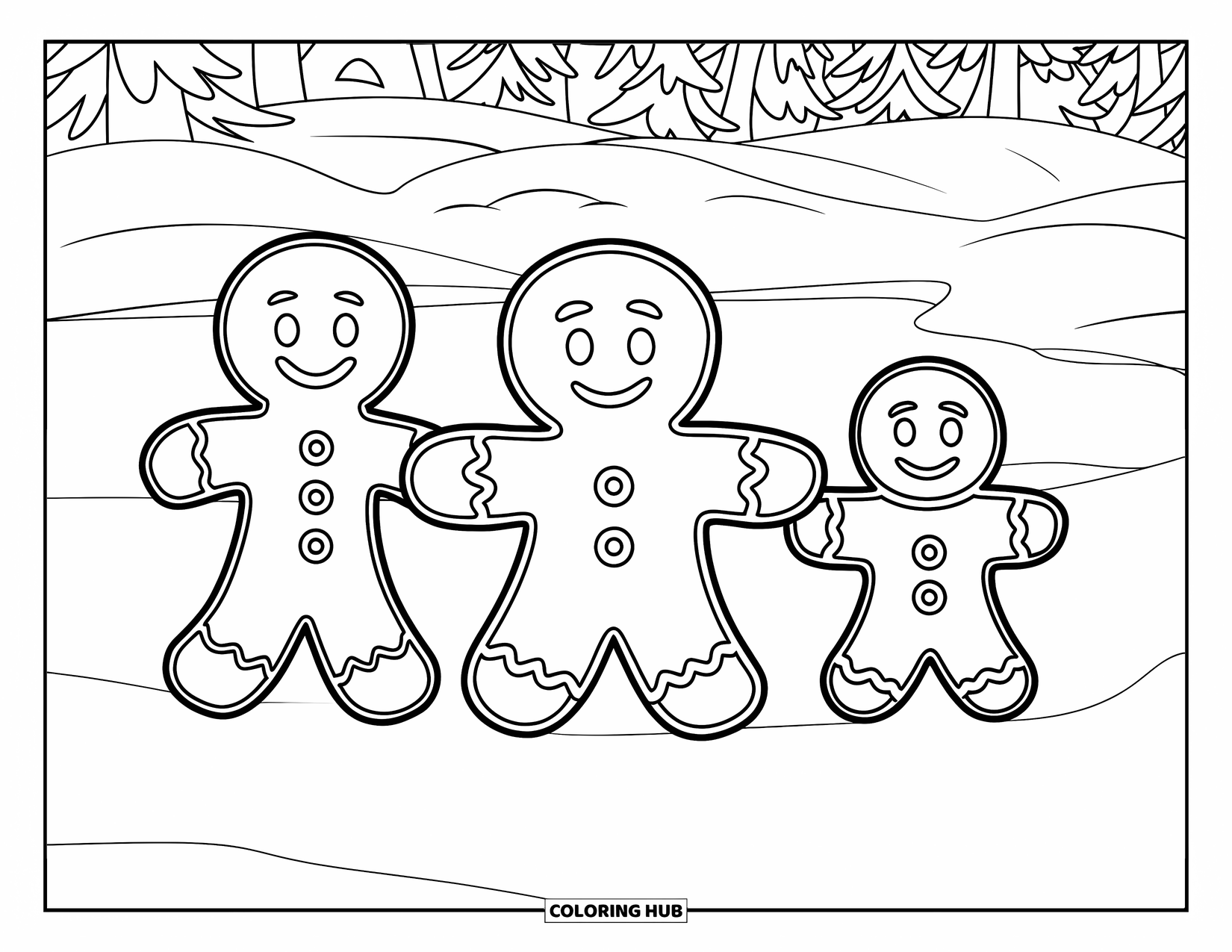 Gingerbread Christmas Coloring Page for Kids: A smiling gingerbread family walks hand in hand through the snow