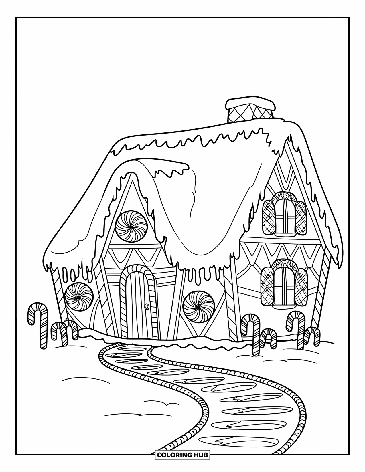 Gingerbread Christmas Coloring Page for Kids: A snowy gingerbread home with candy paths and a cozy roof