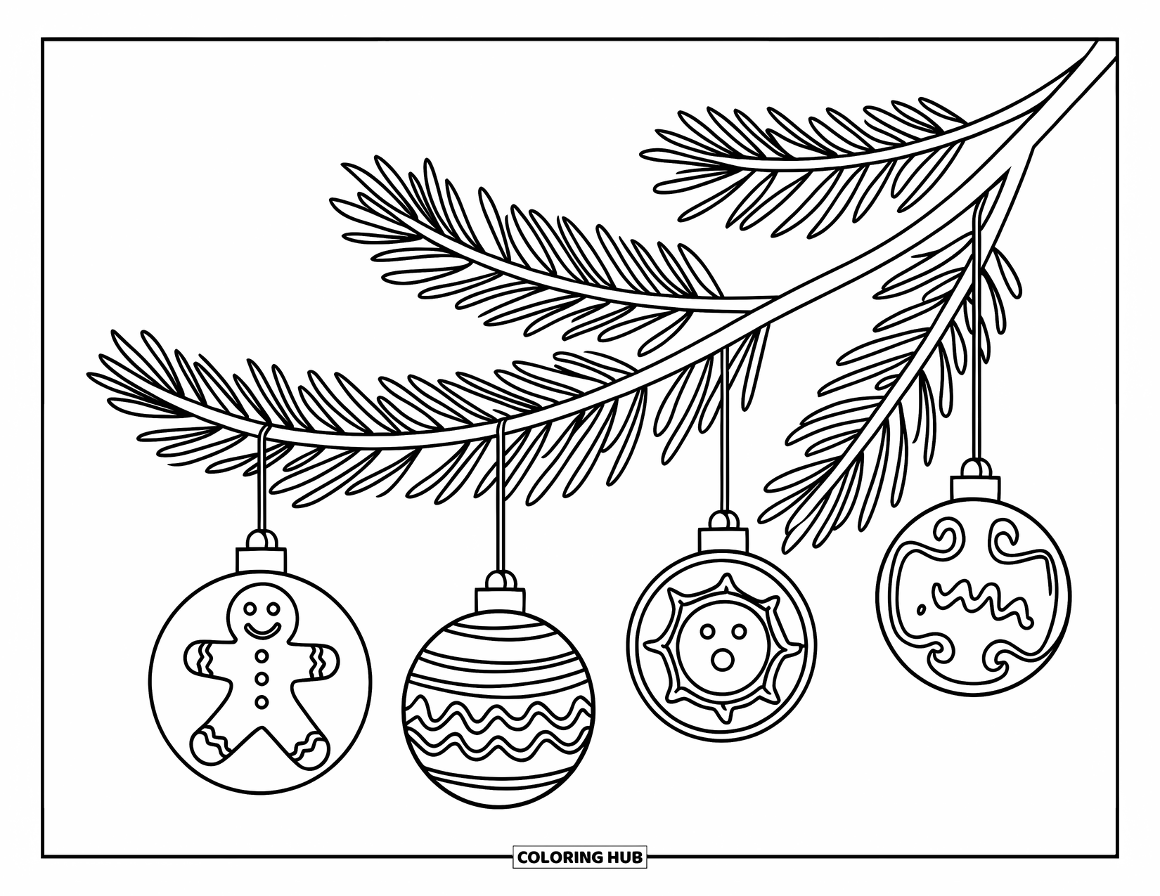Gingerbread Christmas Coloring Page for Kids: Cookie ornaments shaped like hearts and stars hang from a pine tree