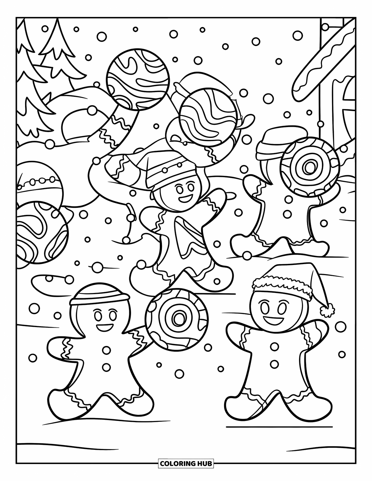 Gingerbread Christmas Coloring Page for Kids: Gingerbread friends have a snowball fight using peppermint shields