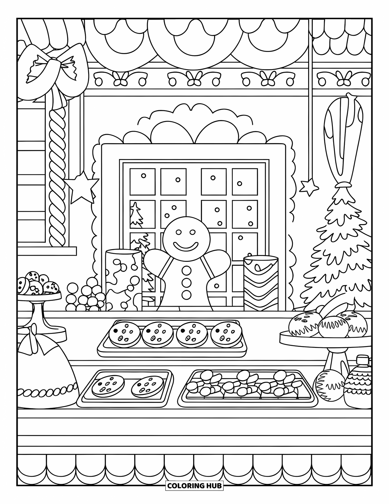 Gingerbread Christmas Coloring Page for Kids: Inside a cozy gingerbread bakery filled with cookies and candy treats