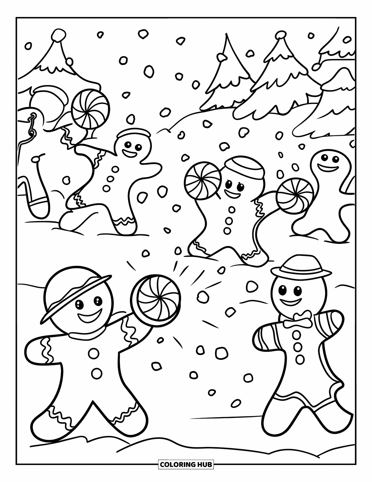 Gingerbread Christmas Coloring Page for Kids: Peppermint shields and snowballs fill a gingerbread winter battle