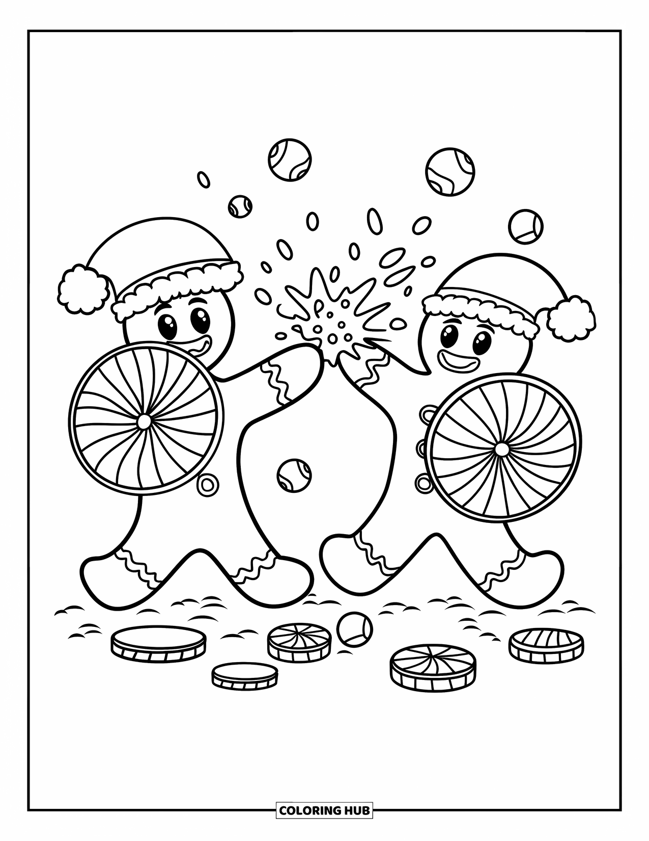 Gingerbread Christmas Coloring Page for Kids: Two gingerbread men throw snowballs in a peppermint-covered yard
