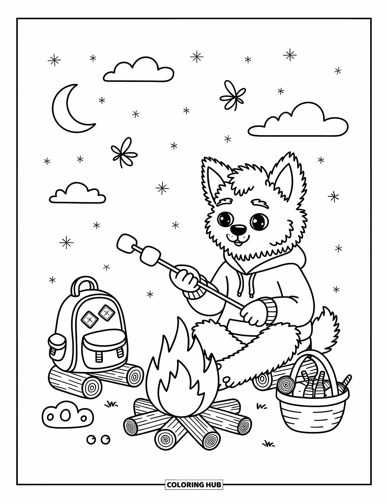 Halloween Monster Coloring Page for Adults: A cozy werewolf roasts marshmallows by a campfire under the stars
