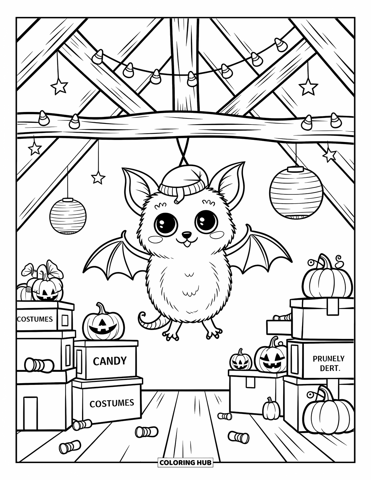 Halloween Monster Coloring Page for Adults: A cute bat monster hangs from a beam surrounded by candy corn garlands