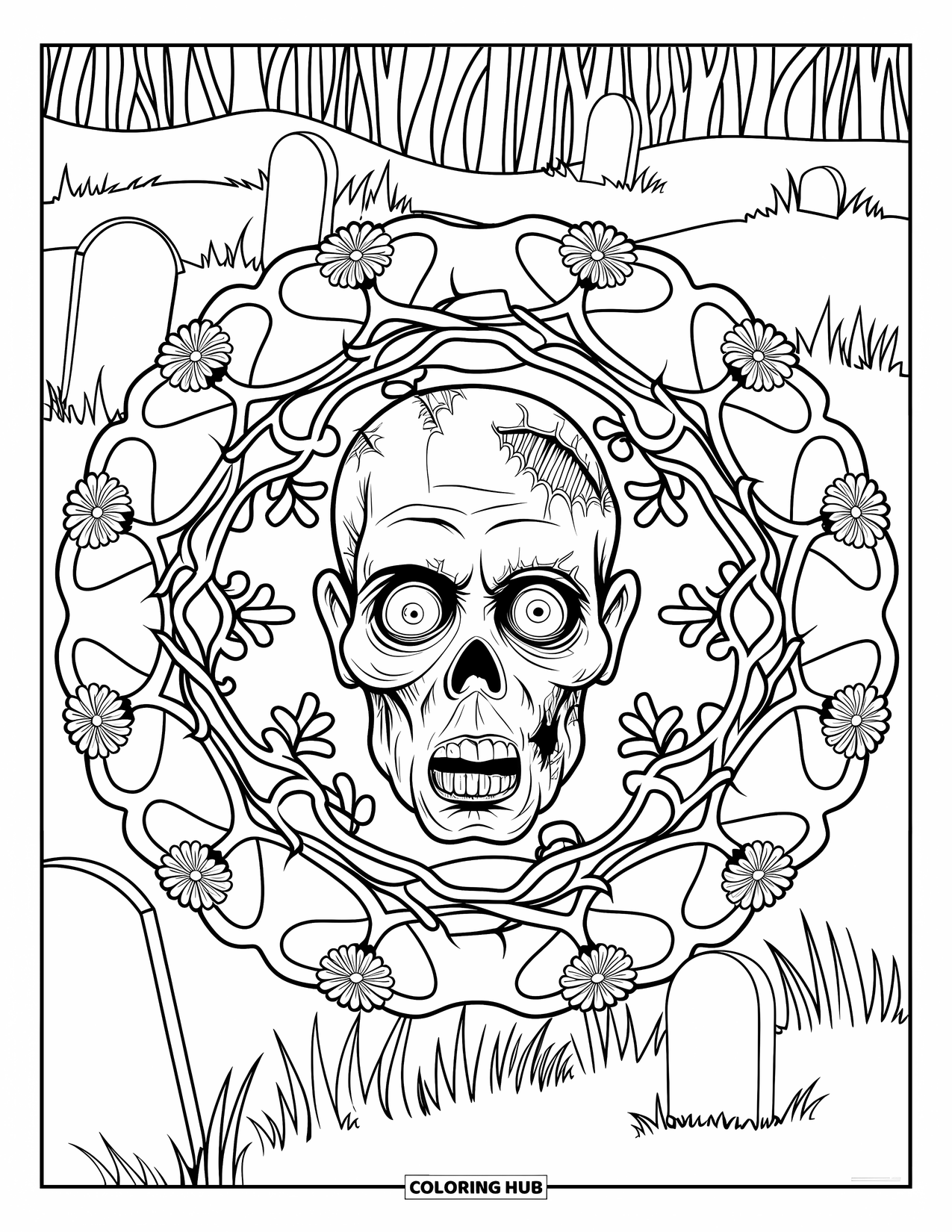 Halloween Monster Coloring Page for Adults: A decaying zombie head framed by twisted roots and dried petals