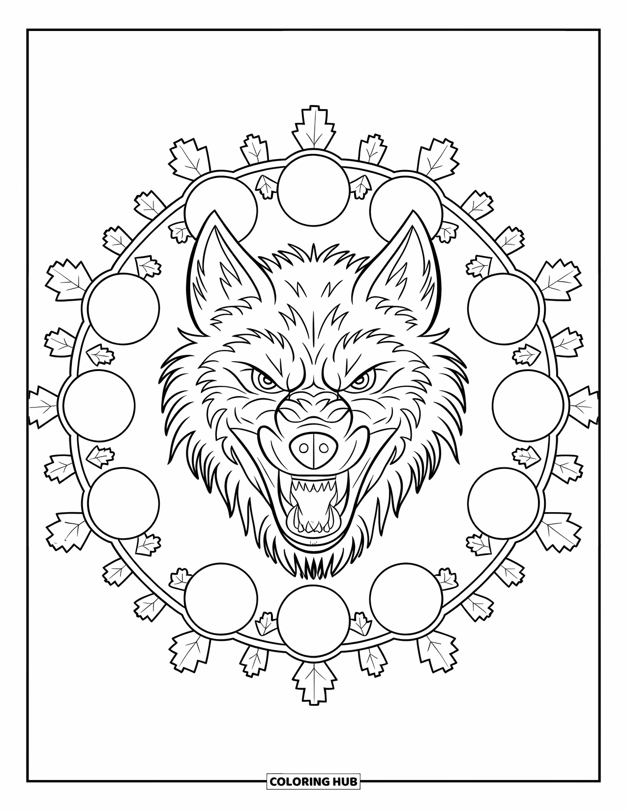 Halloween Monster Coloring Page for Adults: A detailed werewolf framed by moon phases and curling oak leaves