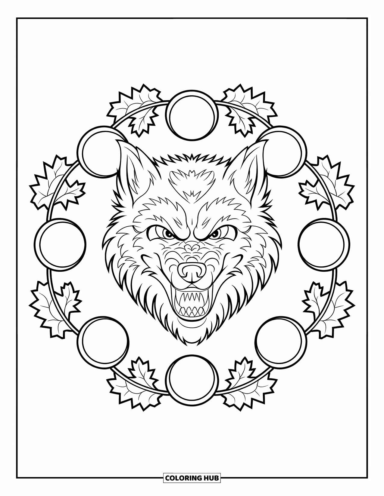 Halloween Monster Coloring Page for Adults: A fierce werewolf's face encircled by moons and forest leaves