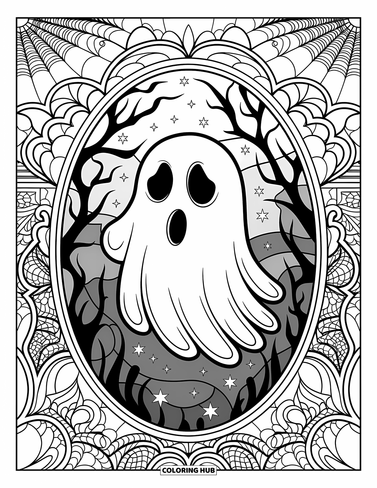 Halloween Monster Coloring Page for Adults: A ghost's blank face drifts among foggy branches and glowing stars