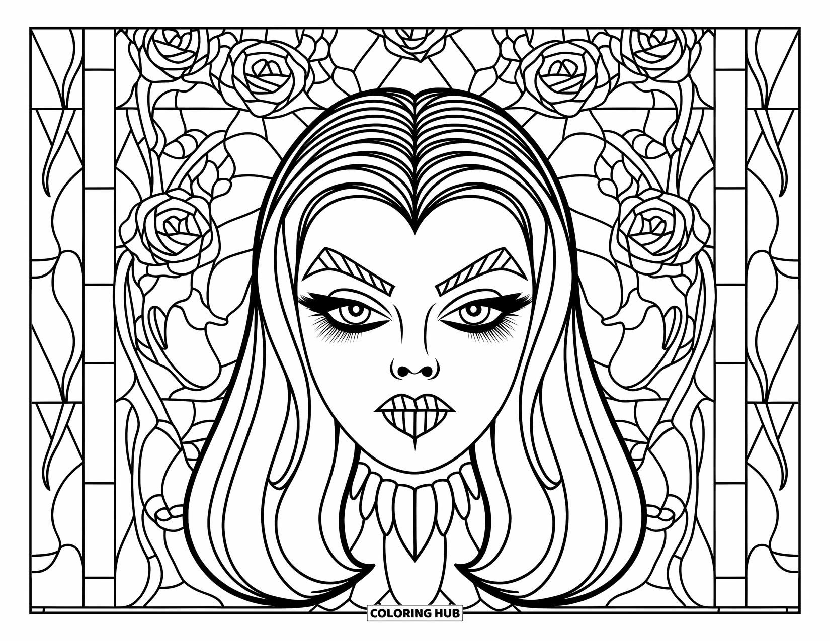 Halloween Monster Coloring Page for Adults: A gothic vampire girl with roses and thorns behind her elegant face