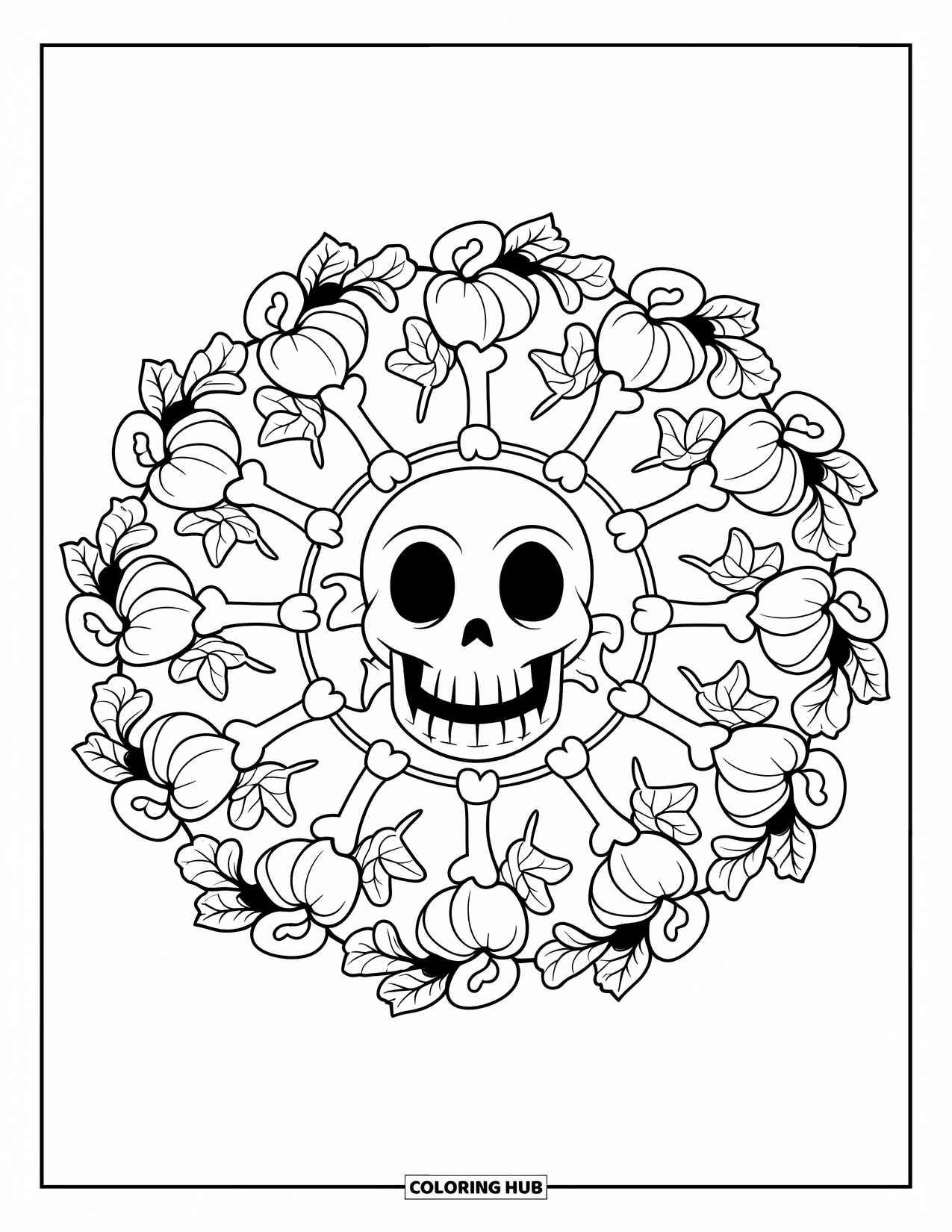 Halloween Monster Coloring Page for Adults: A grinning skull rests in a mandala of bones, pumpkins, and ivy