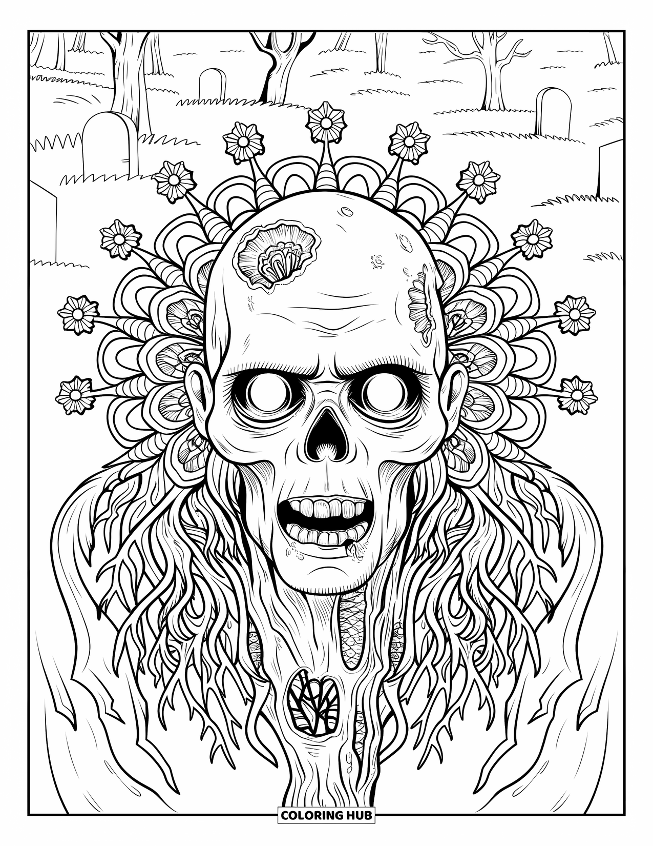 Halloween Monster Coloring Page for Adults: A haunting zombie face surrounded by roots and graveyard blooms