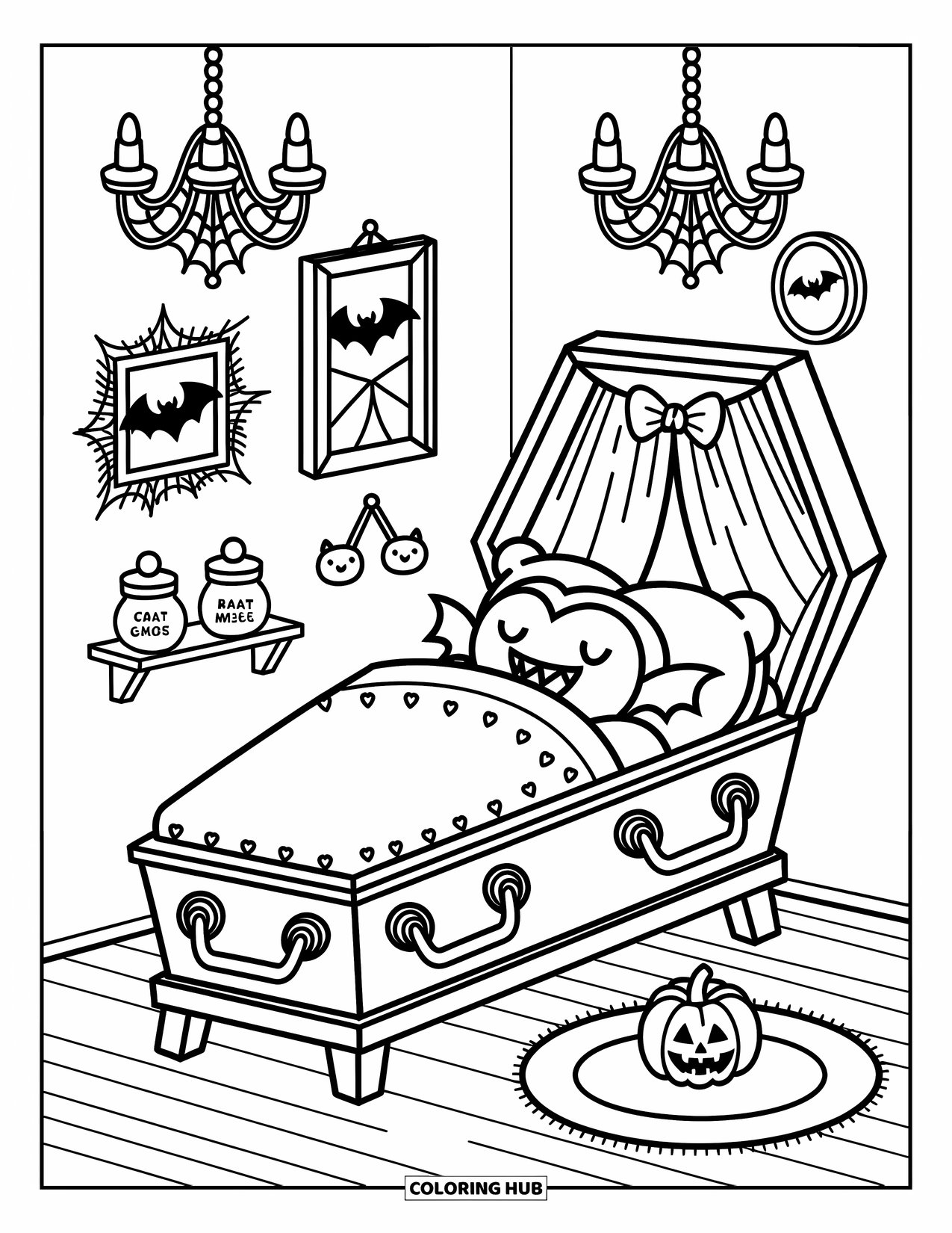 Halloween Monster Coloring Page for Adults: A little vampire snores softly among pillows and cobwebbed chandeliers
