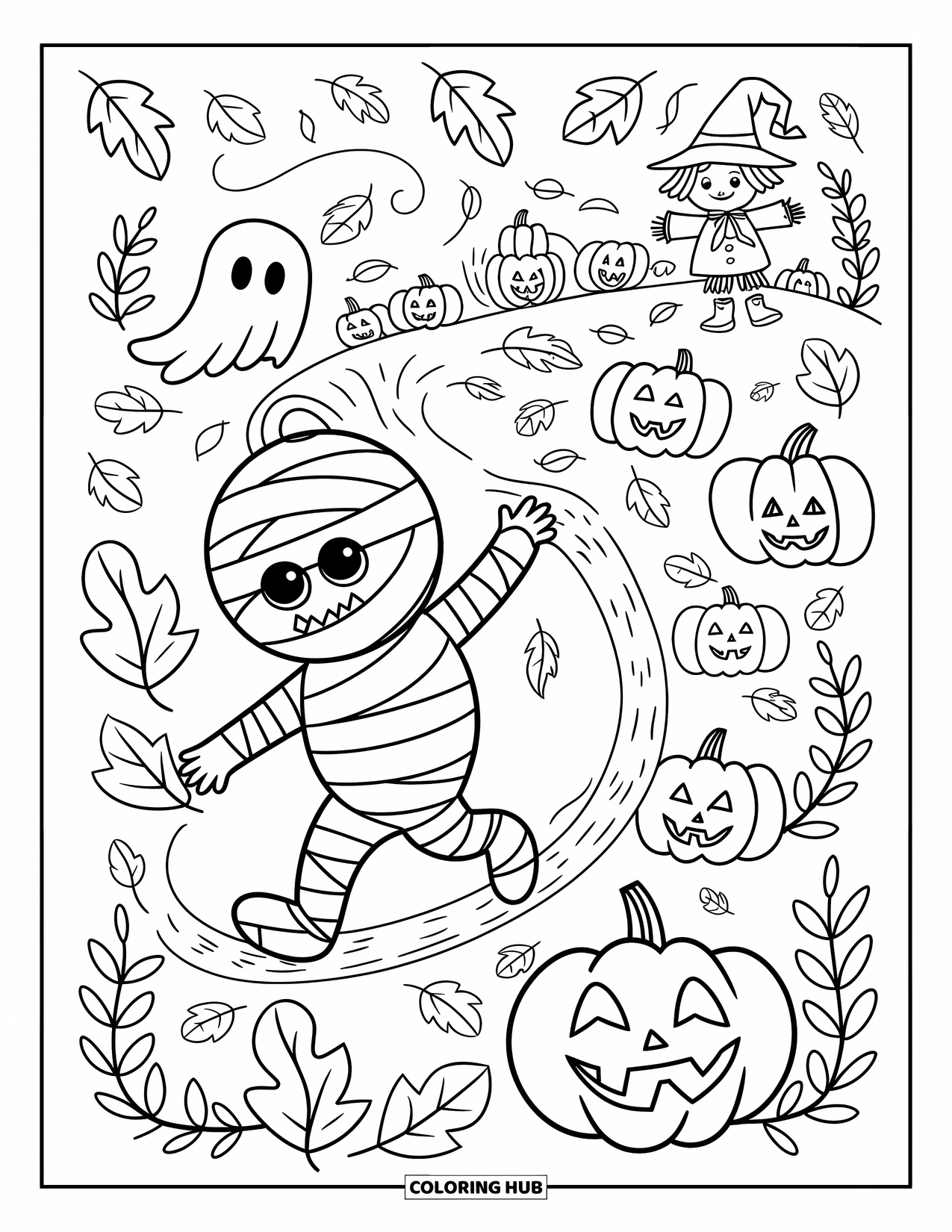 Halloween Monster Coloring Page for Adults: A mummy and a ghost play in a pumpkin patch full of carved faces
