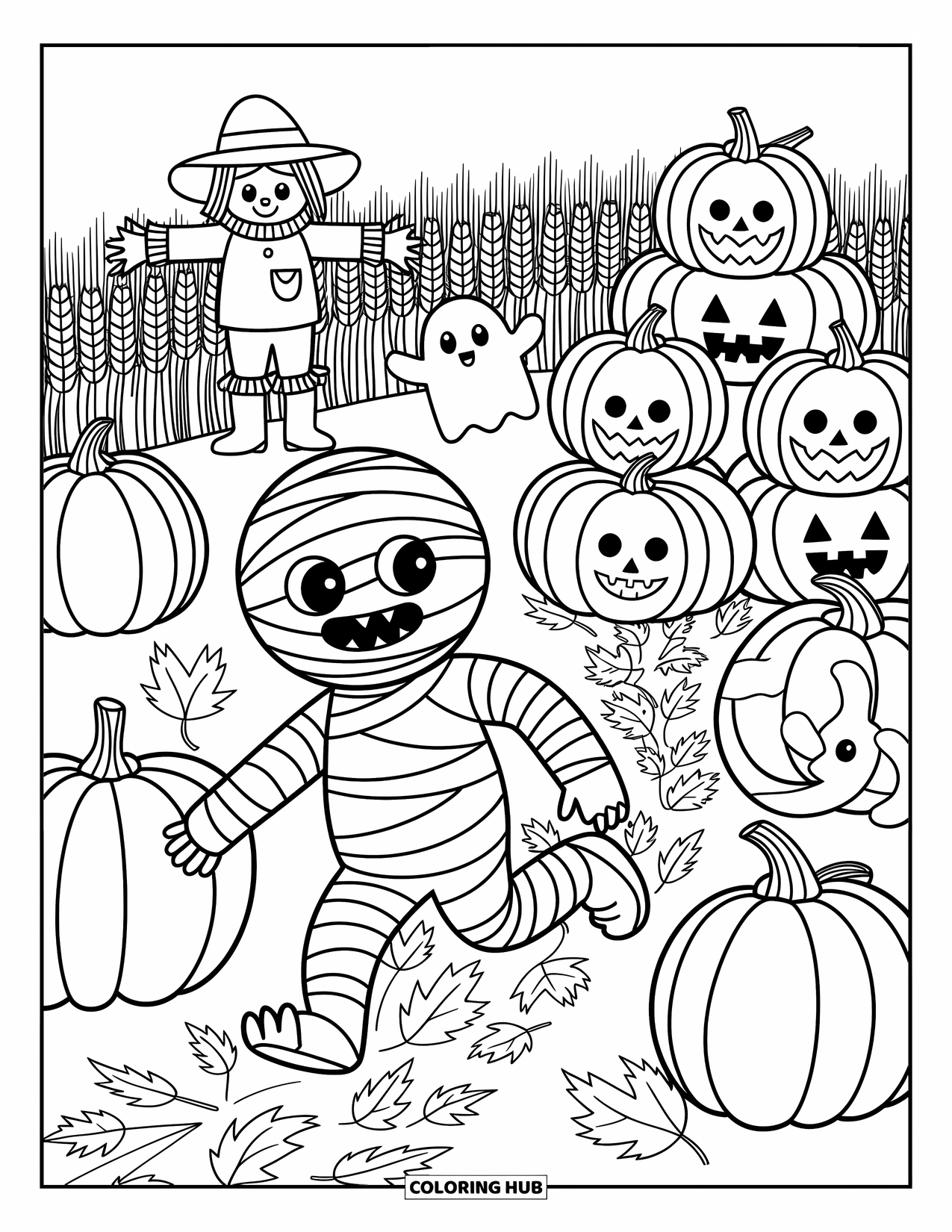 Halloween Monster Coloring Page for Adults: A playful mummy tumbles through pumpkins as autumn leaves swirl around