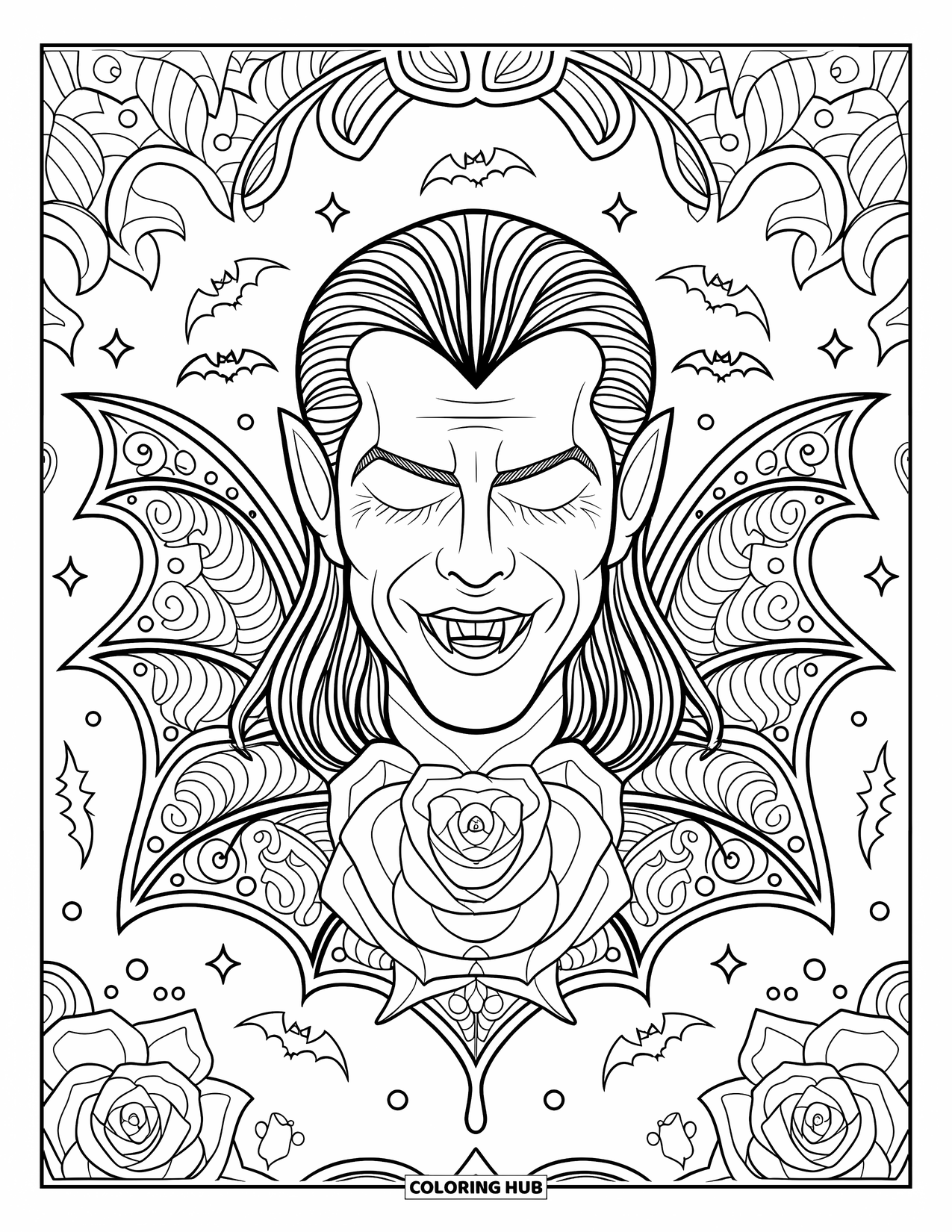 Halloween Monster Coloring Page for Adults: A serene vampire framed by roses, bats, and swirling patterns