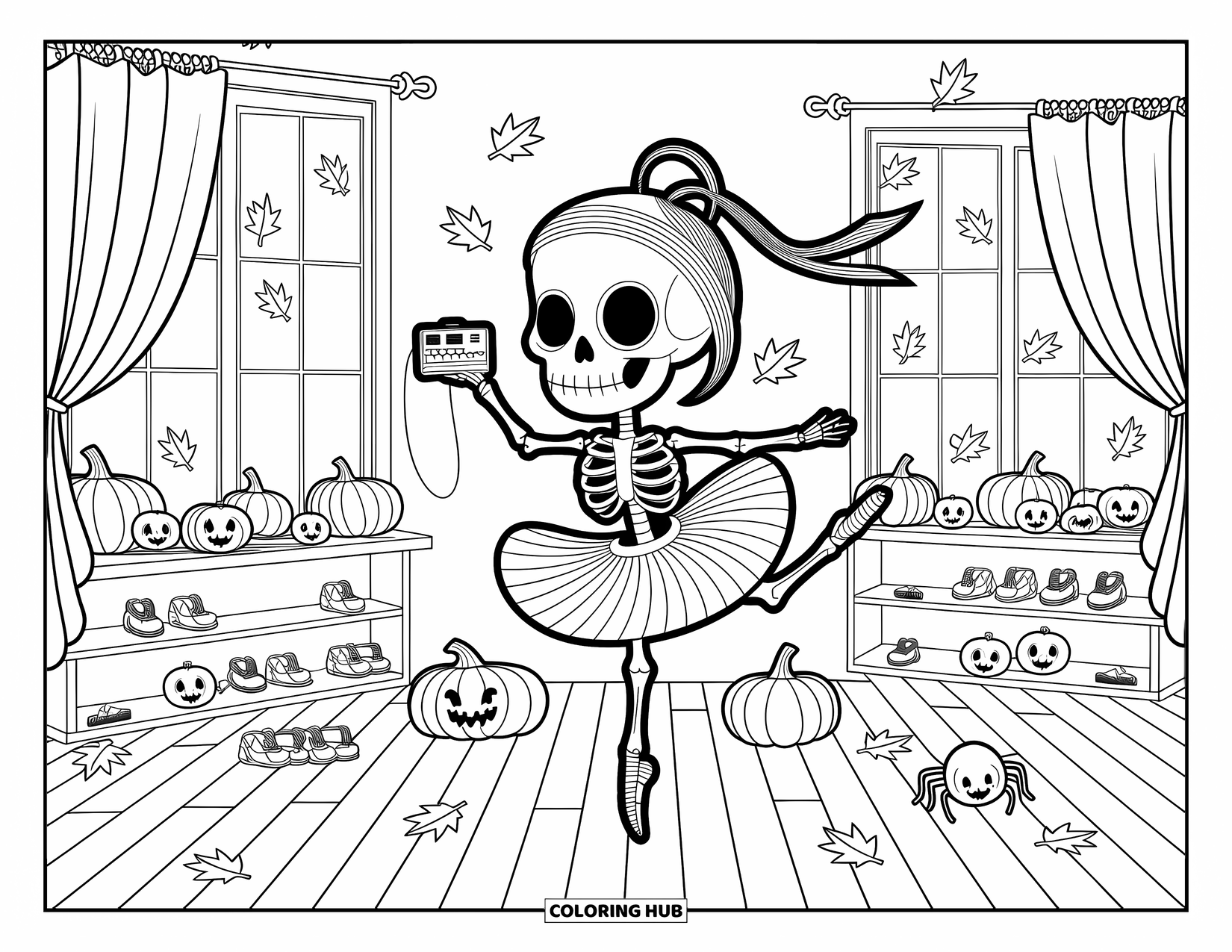 Halloween Monster Coloring Page for Adults: A skeleton ballerina twirls in an autumn-lit room with playful Halloween decor
